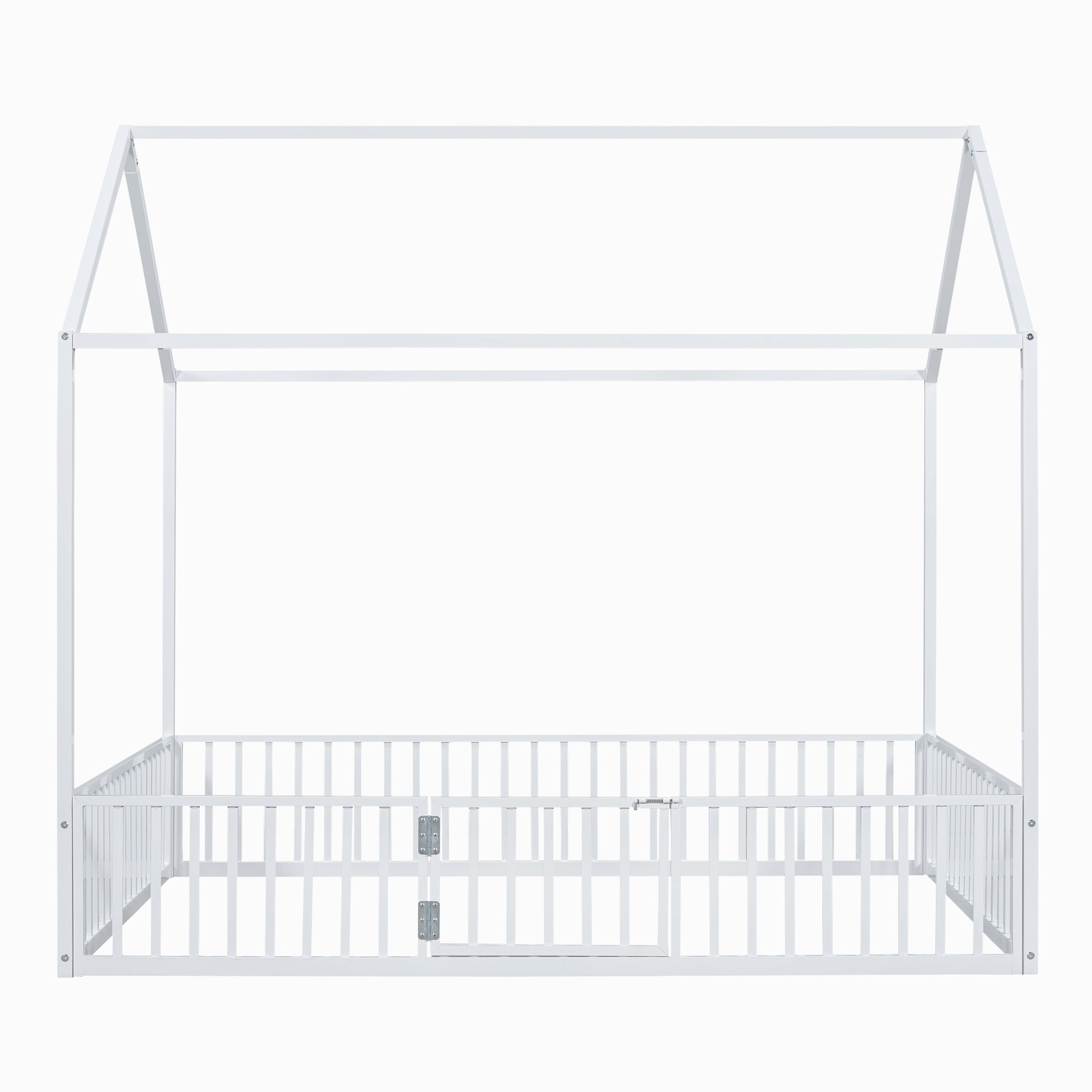 Full Size Metal House Bed With Fence And Door, White White Metal