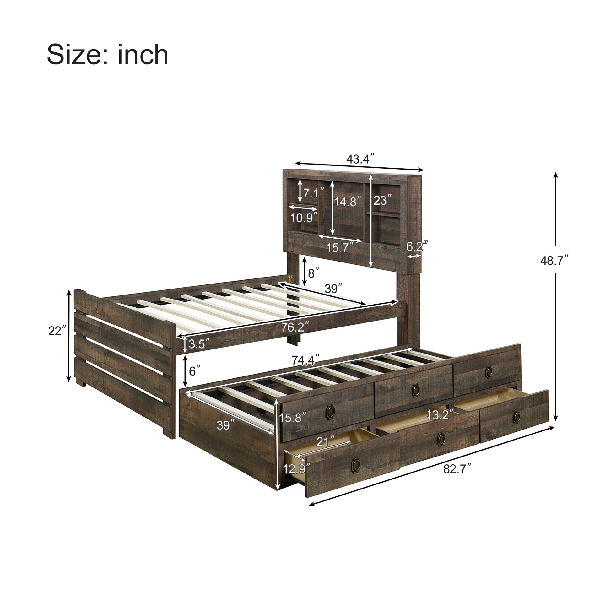 Farmhouse Style Twin Size Bookcase Captain Bed With Three Drawers And Trundle, Rustic Brown Box Spring Not Required Twin Rustic Brown Wood Bedroom Traditional Plywood