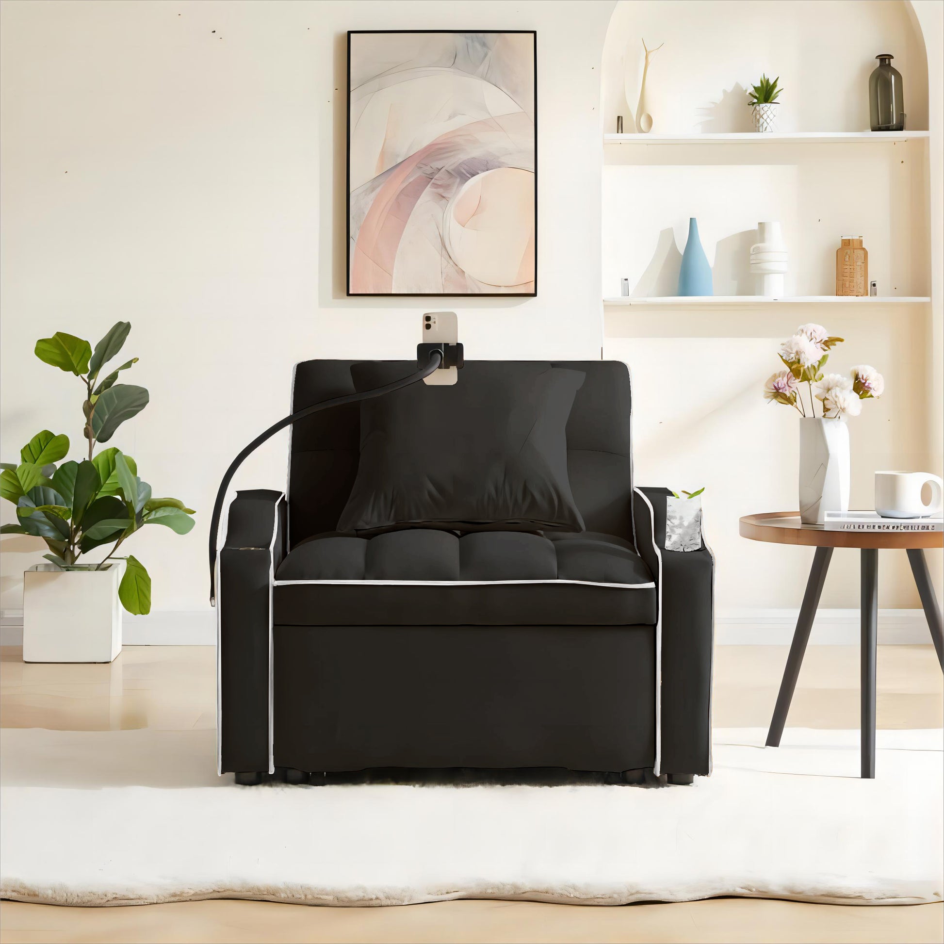 3 In 1 Sofa Bed, Convertible Sleeper Chair Sofa Bed Adjustable Pull Out Sleeper Chair Bed Multi Pockets Folding Sofa Bed For Living Room Bedroom Small Space Black Black Velvet 1 Seat