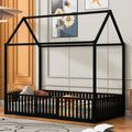 Twin Size Metal House Bed With Fence And Door, Black Black Metal