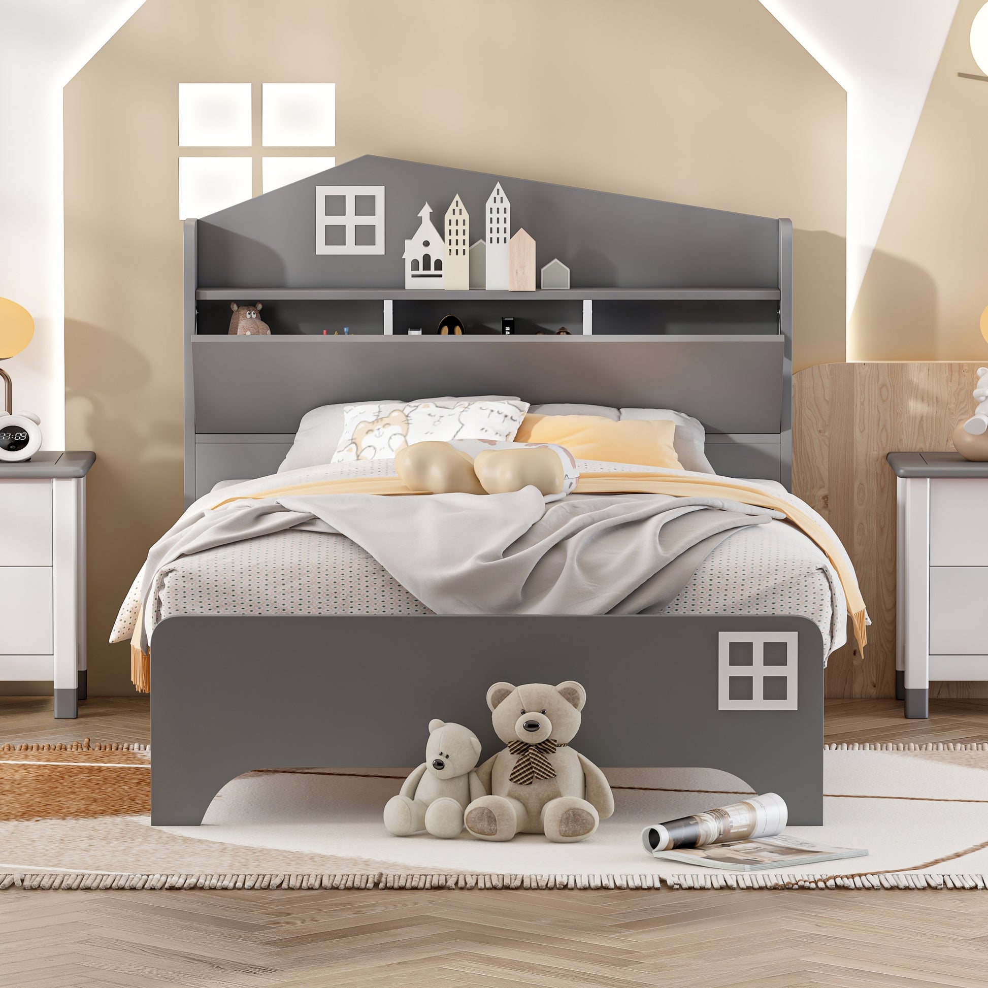 Wooden Twin Size House Bed With Storage Headboard ,Kids Bed With Stora