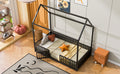 Twin Size Metal House Bed With Fence And Door, Black Black Metal