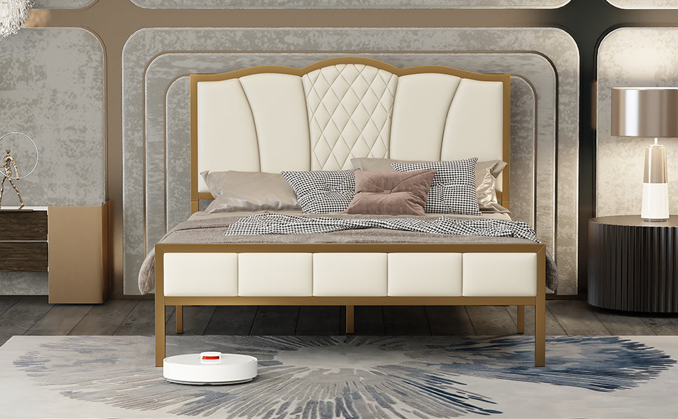 Full Size Bed Frame, Modern Upholstered Bed Frame with beige-velvet
