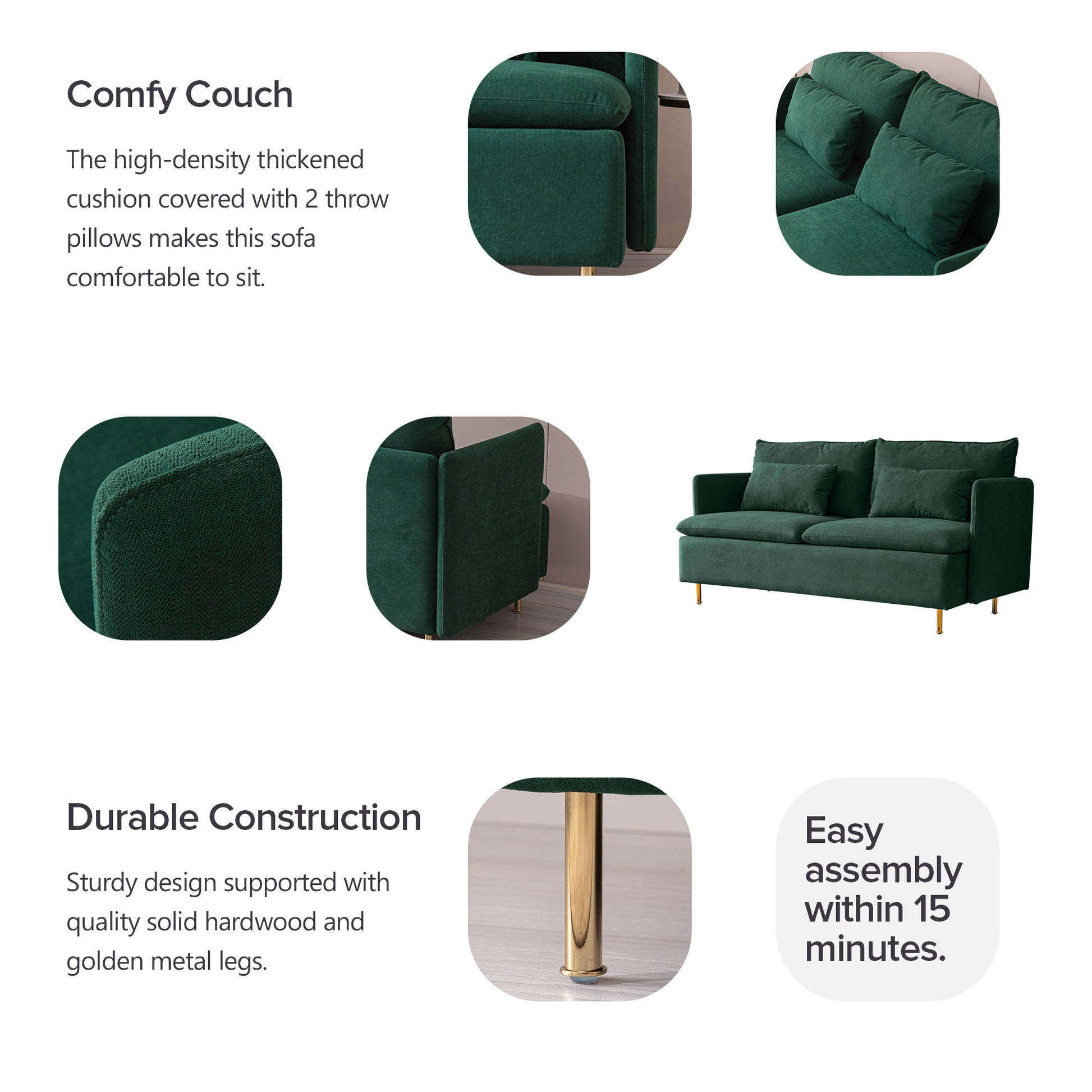 Modern Upholstered Loveseat Sofa,Emerald Cotton Linen63.8" Emerald Foam Cotton Linen 2 Seat