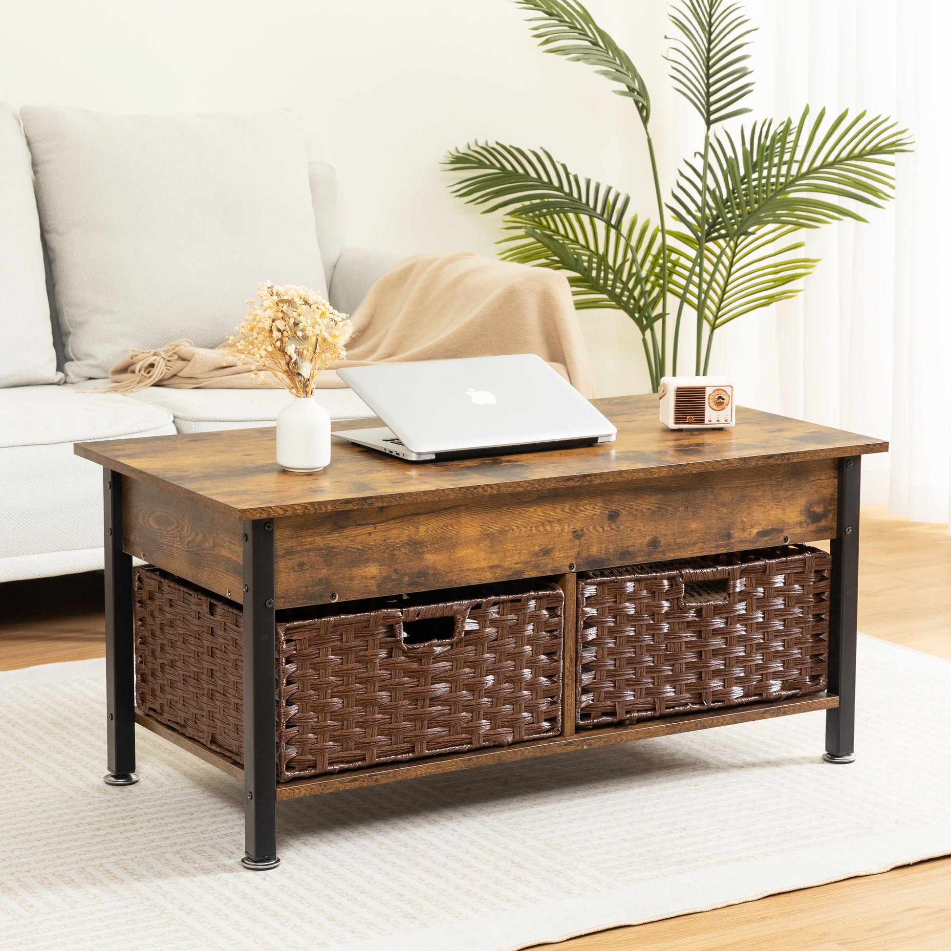 Metal Coffee Table,Desk,With A Lifting Table,And Hidden Storage Space.There Were Two Removable Wicker Baskets That Could Be Placed In Any Space Such As The Living Room,Color:Brown With Fire Wood Grain Light Brown Height Adjustable & Standing Desks