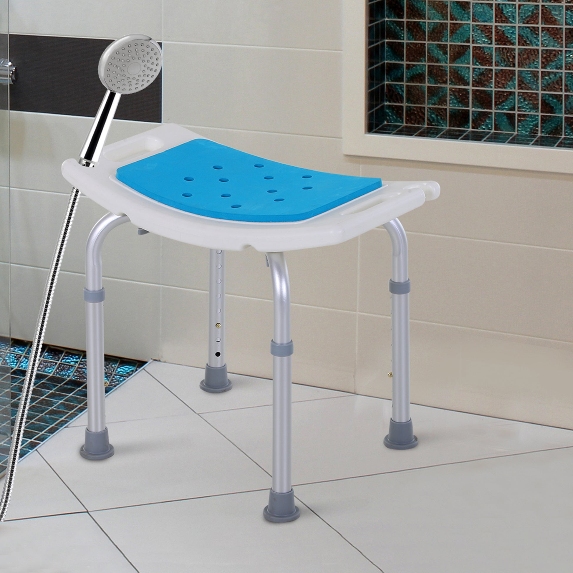 Homcom 6 Level Adjustable Curved Bath Stool Spa Shower Chair Non Slip Design For The Elderly, Injured, & Pregnant Women Blue Aluminum
