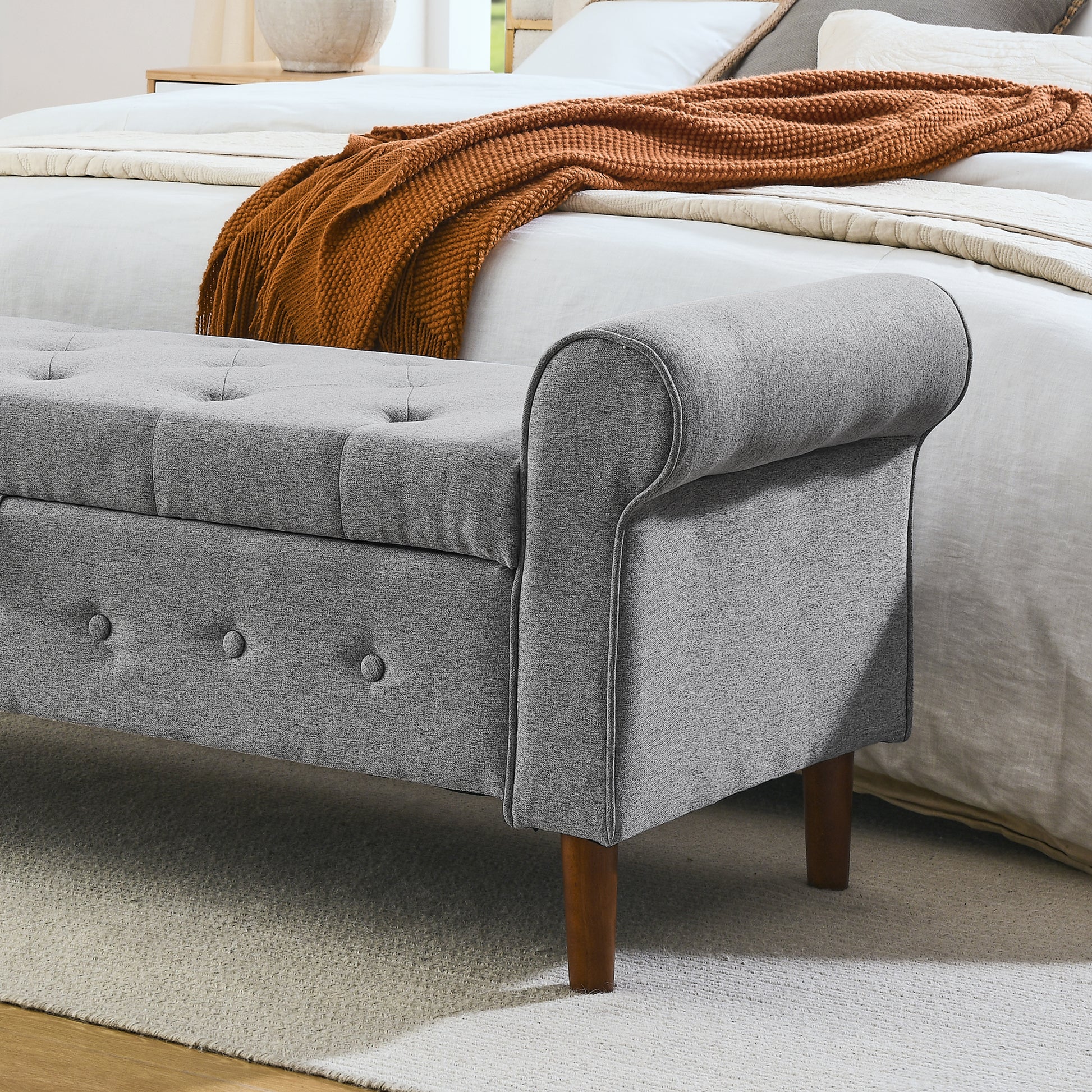 62" Bedroom Tufted Button Storage Bench, Modern Fabric Upholstered Ottoman, Window Bench, Rolled Arm Design For Bedroom, Living Room, Foyer Grey Grey Foam Fabric