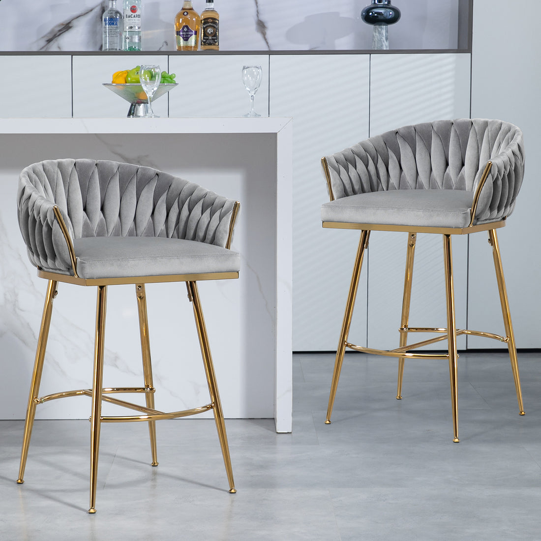 26'' Counter Height Bar Stools Set Of 2,Velvet Kitchen Island Counter Bar Stool With Hand Wave Back,Golden Chromed Base And Foot Rest Grey Grey Kitchen Modern Foam Velvet