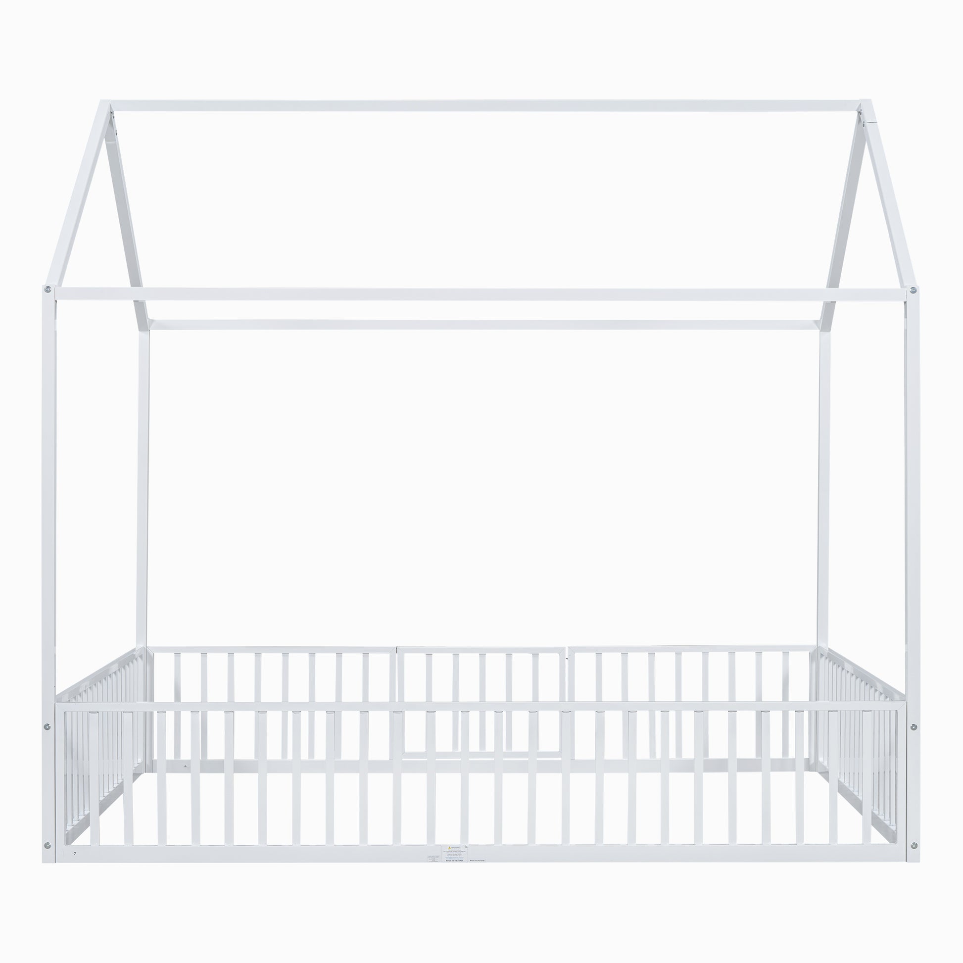 Full Size Metal House Bed With Fence And Door, White White Metal