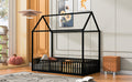 Twin Size Metal House Bed With Fence And Door, Black Black Metal