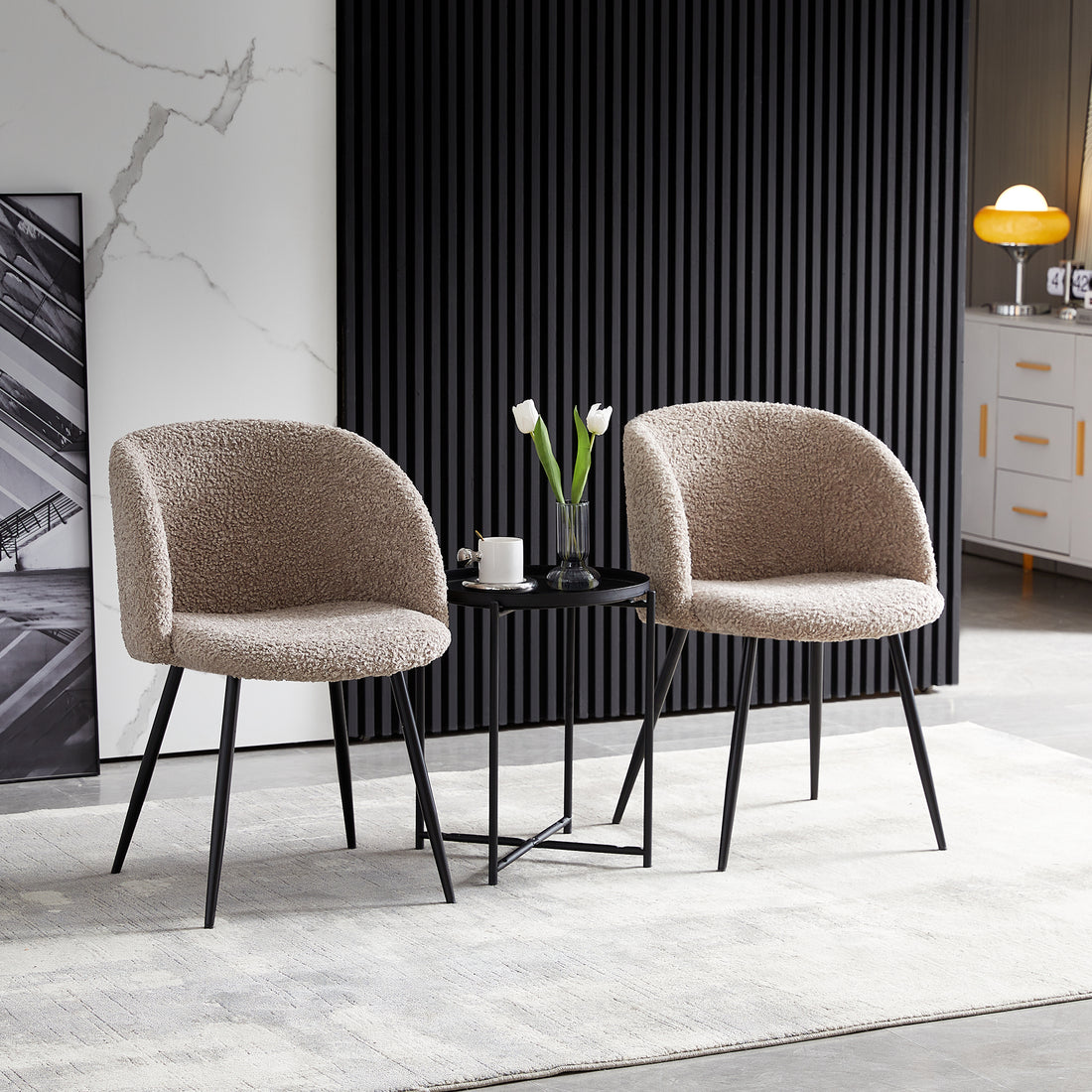 Adjust Legs Upholstered Teddy Faux Fur Dining Armrest Chair Set Of 2 Light Brown Metal Light Brown Dining Room Powder Coated Foam Dry Clean Round Mid Century Modern Solid Back Foam Polyester