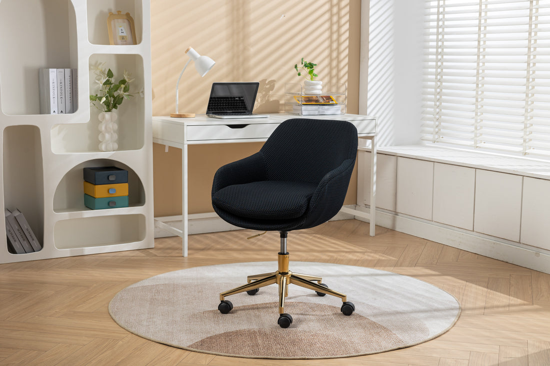 046 Mesh Fabric Home Office 360 Swivel Chair Adjustable Height With Gold Metal Base,Black Solid Black Office Sponge Wipe Clean Modern Office Chairs Tufted Back Foam Adjustable Height Fabric Mesh