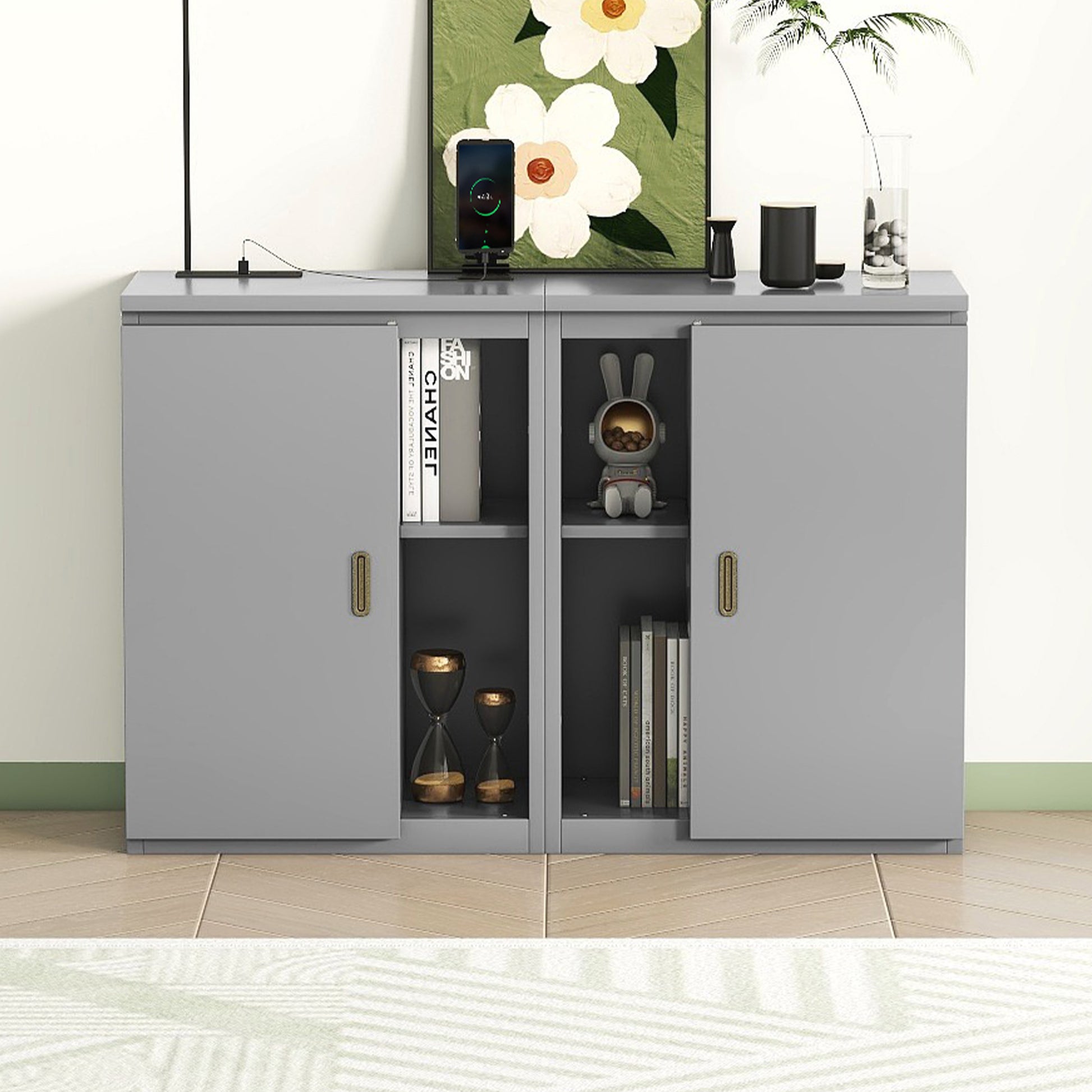 Queen Size Murphy Bed With Shelves, Cabinets And Usb Ports,Gray Queen Gray Mdf Lvl