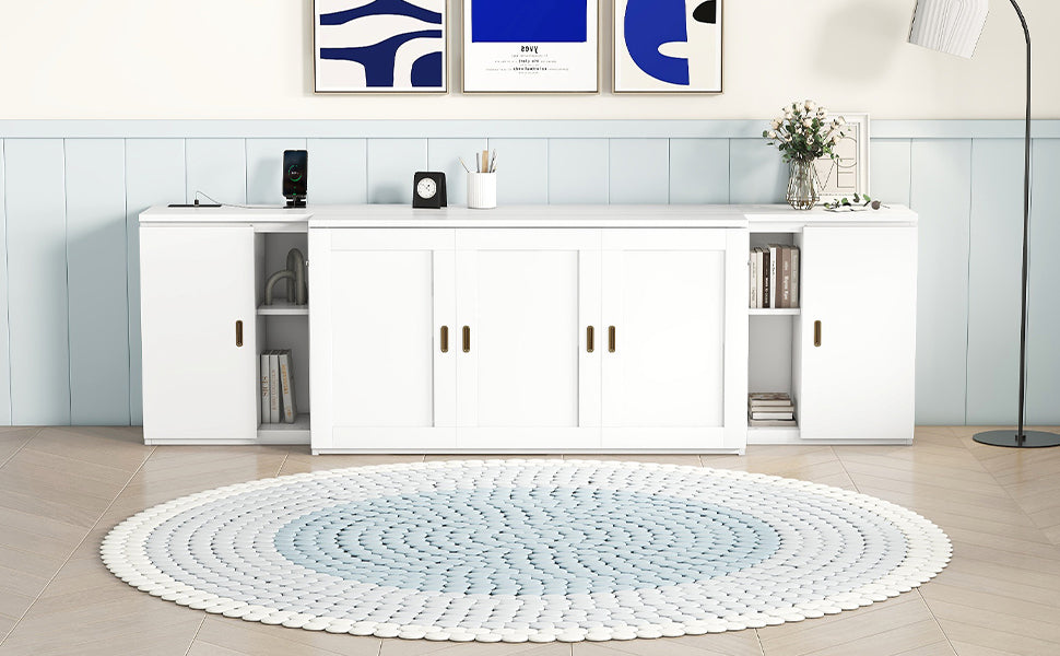 Queen Size Murphy Bed With Shelves, Cabinets And Usb Ports,White Queen White Mdf Lvl