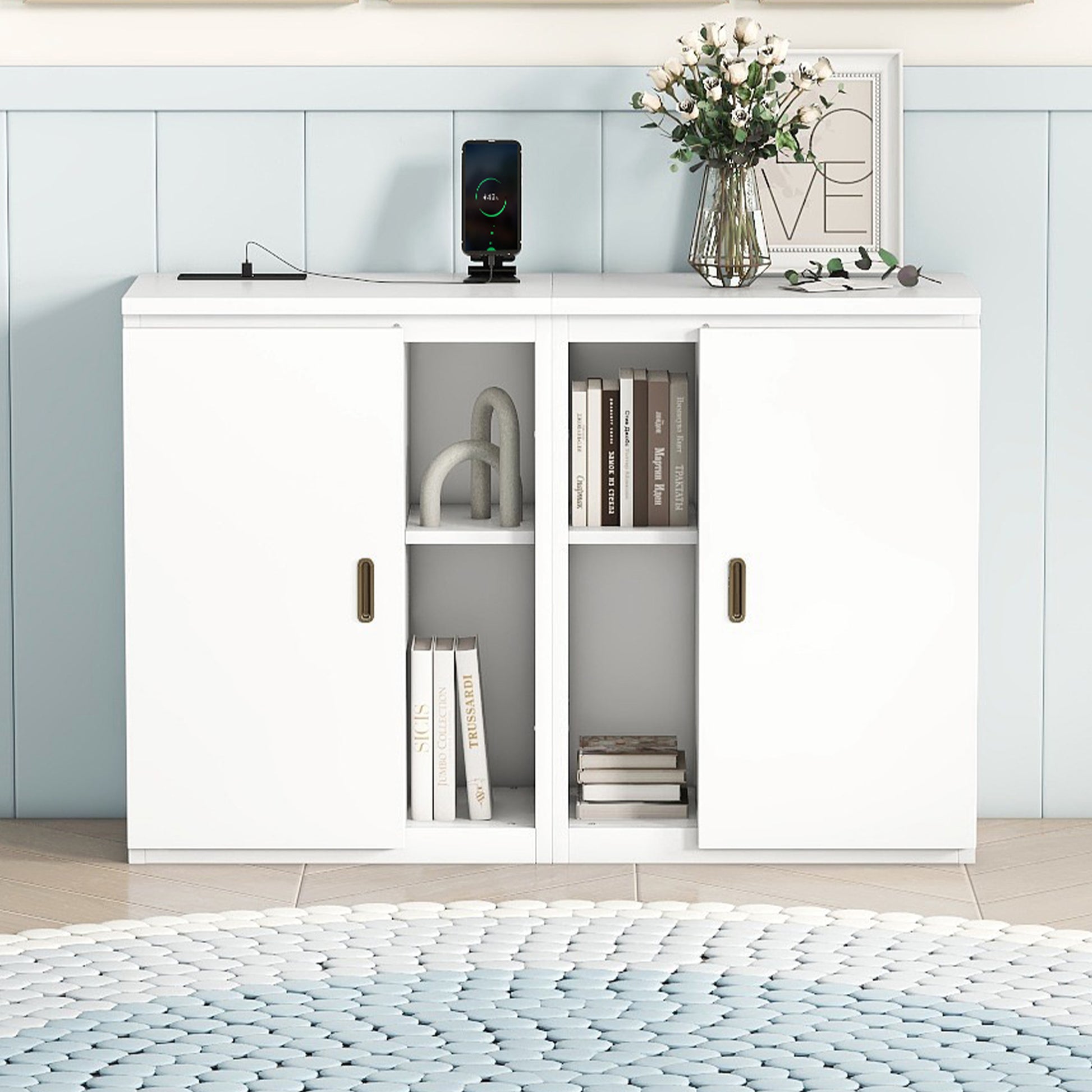 Queen Size Murphy Bed With Shelves, Cabinets And Usb Ports,White Queen White Mdf Lvl