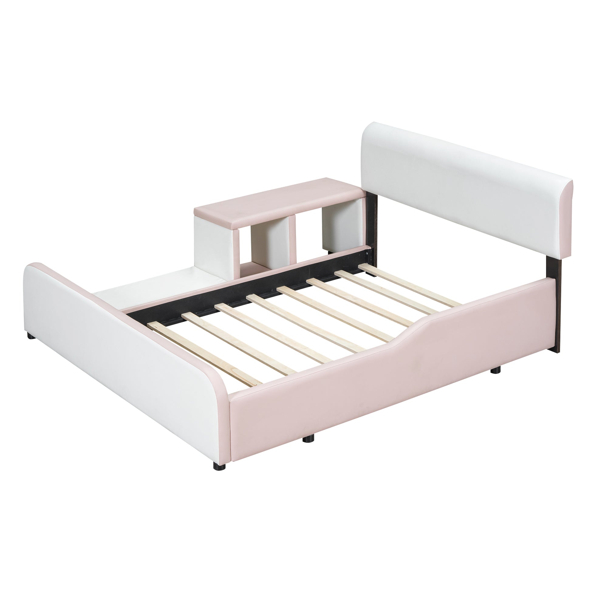 Full Size Upholstered Platform Bed With Storage Nightstand And Guardrail, Pink Box Spring Not Required Full Pink Wood Bedroom Upholstered