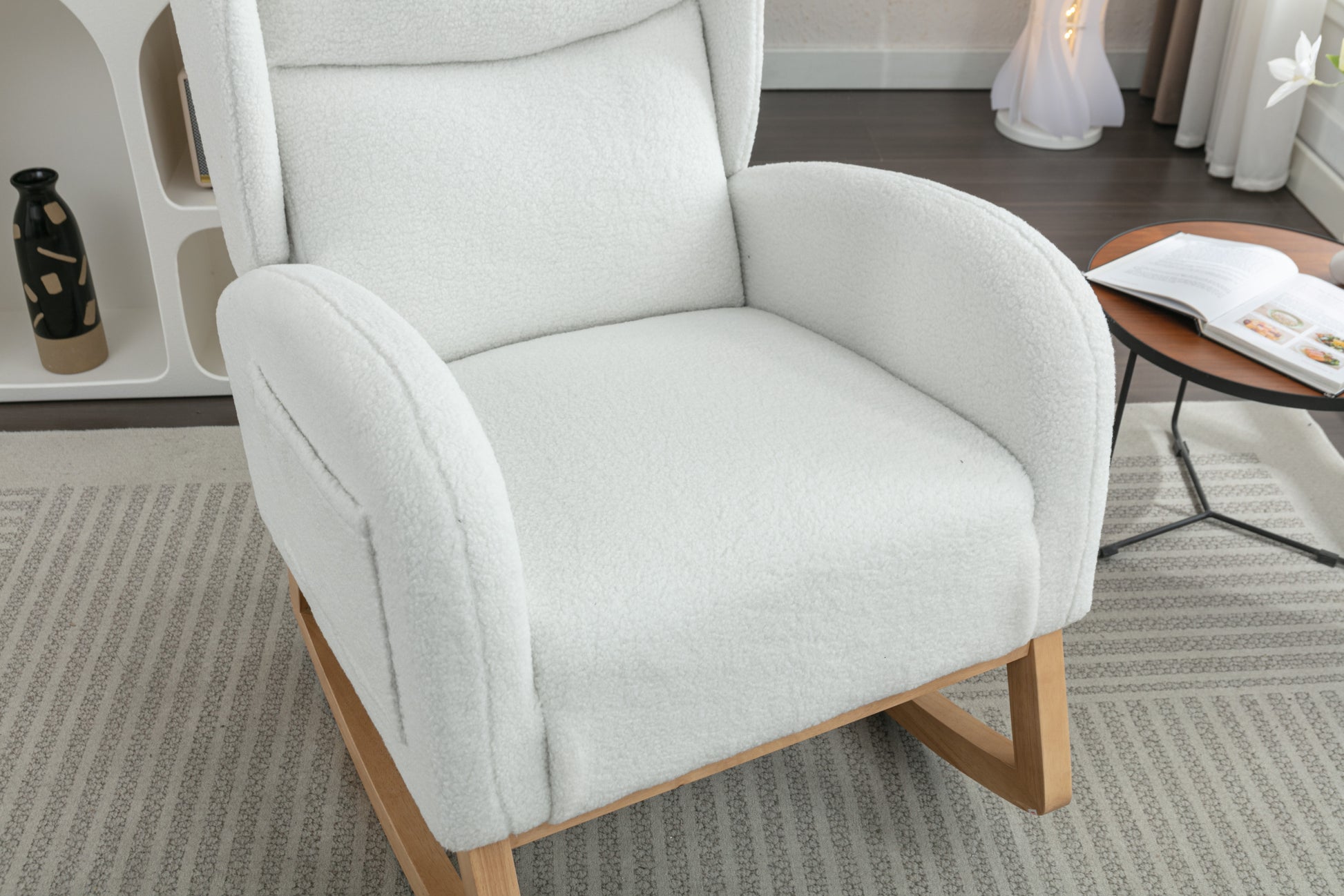 049 Teddy Fabric Rocking Chair With Packet Wood Legs,Ivory Wood Solid Ivory Primary Living Space Foam Wipe Clean Modern Rocking Chairs Eucalyptus Tufted Back Foam Teddy