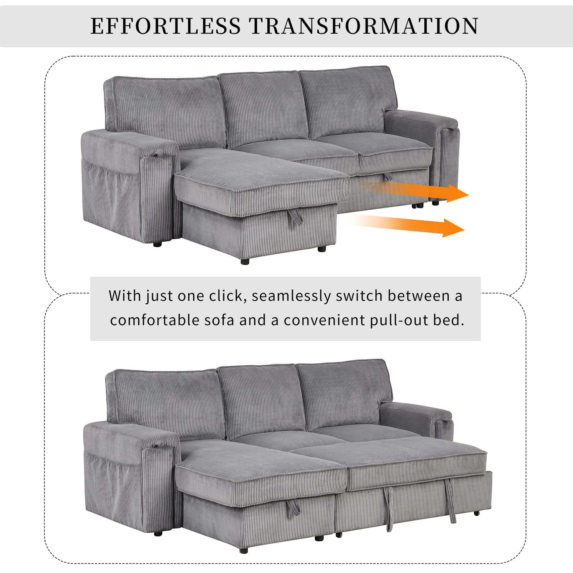 Upholstery Sleeper Sectional Sofa With Storage Bags And 2 Cup Holders On Arms Gray Wood Cushion Back Square Arms Polyester 3 Seat