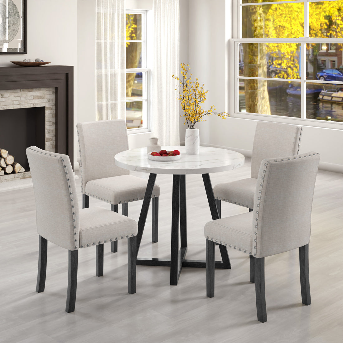 Five Piece Dining Room Set With Imitation Marble Table Top, Solid Wood Dining Table And 4 Chairs, Space Saving Kitchen And Dining Room Combination Furniture. Black White Solid Wood Mdf