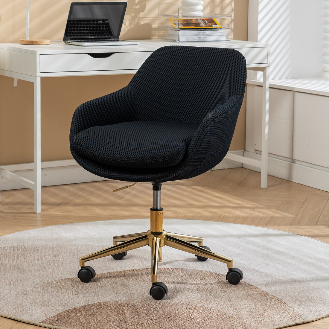 046 Mesh Fabric Home Office 360 Swivel Chair Adjustable Height With Gold Metal Base,Black Solid Black Office Sponge Wipe Clean Modern Office Chairs Tufted Back Foam Adjustable Height Fabric Mesh