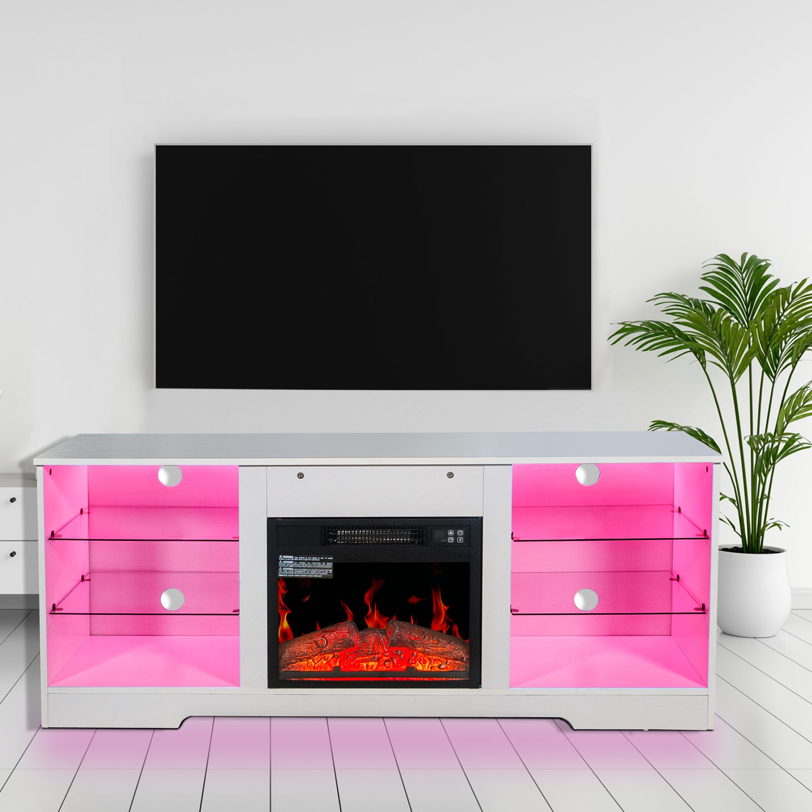 Fireplace Tv Stand With 18 Inch Electric Fireplace Heater,Modern Entertainment Center For Tvs Up To 62 Inch With Adjustable Glass Shelves And Storage Cabinets White White Mdf