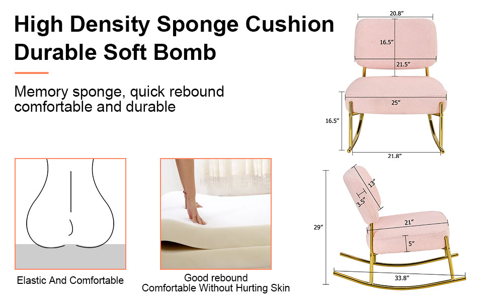 Teddy Velvet Material Cushioned Rocking Chair, Unique Rocking Chair, Cushioned Seat, Pink Backrest Rocking Chair, And Golden Metal Legs. Comfortable Side Chairs In The Living Room, Bedroom, And Office Pink Velvet