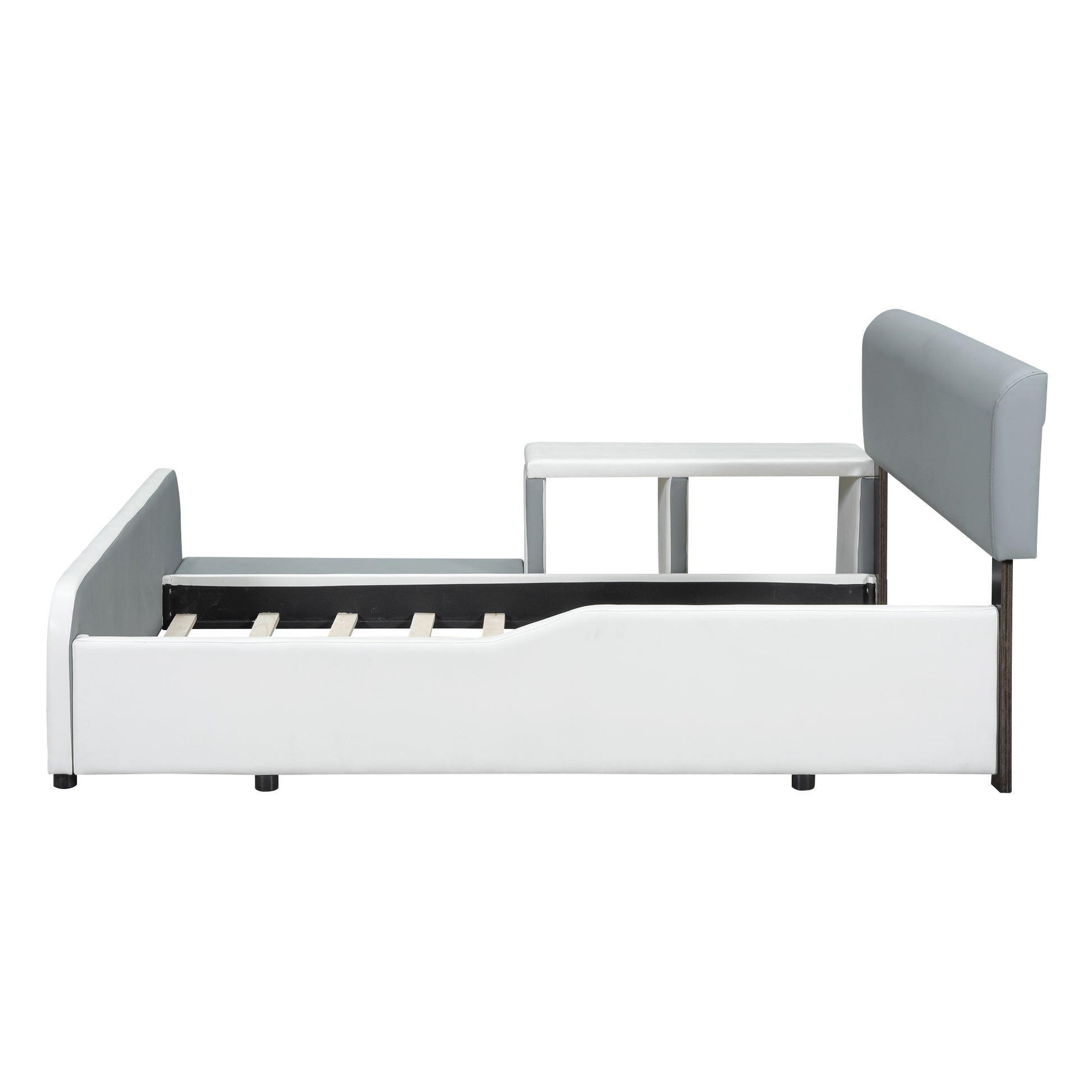 Full Size Upholstered Platform Bed With Storage Nightstand And Guardrail, Gray Box Spring Not Required Full Gray Wood Bedroom Upholstered