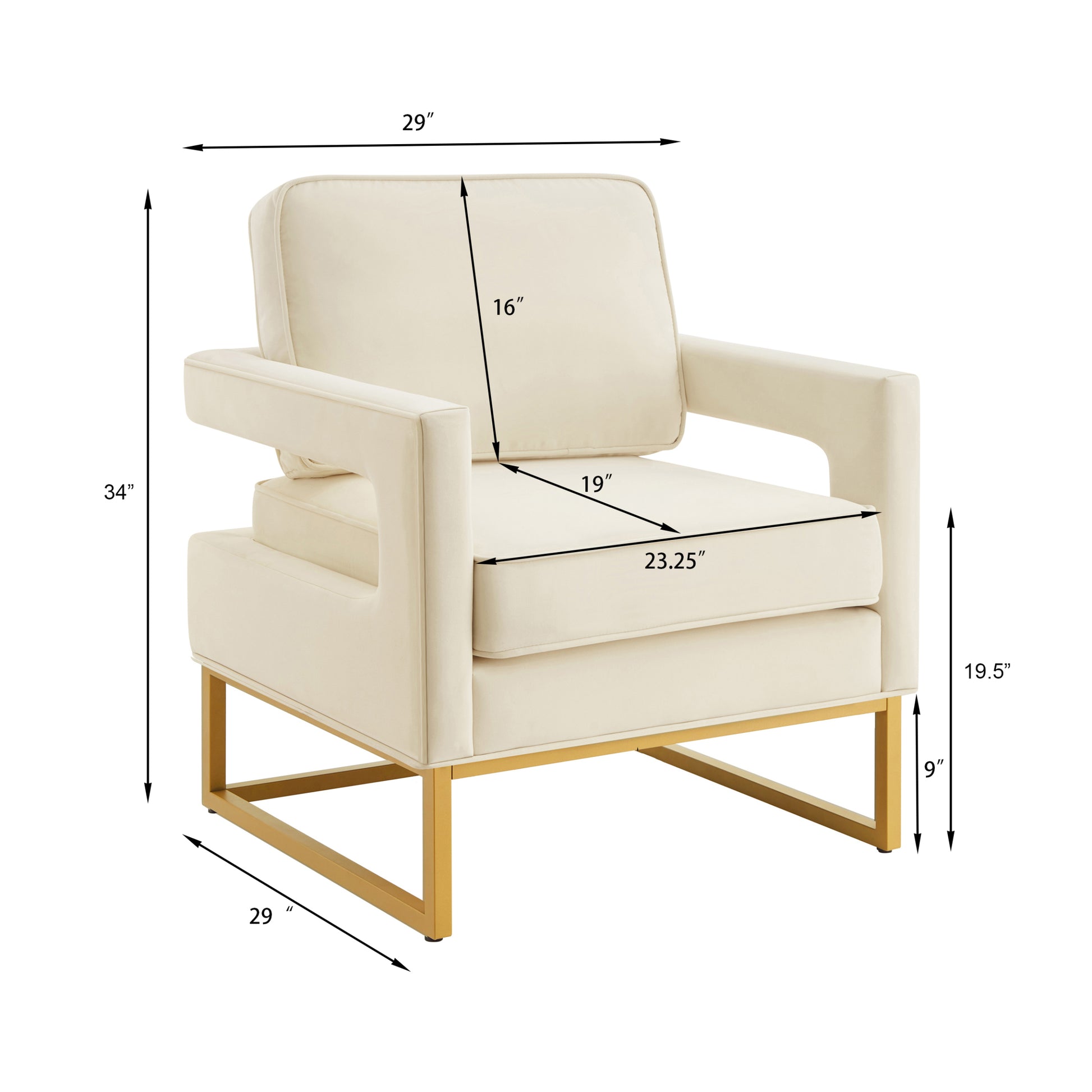 Modern Style Accent Chair With Gold Metal Basevelvet Upholstered Leisure Chair With Open Armrest, Armchair, Cream Cream Primary Living Space Modern Foam Velvet