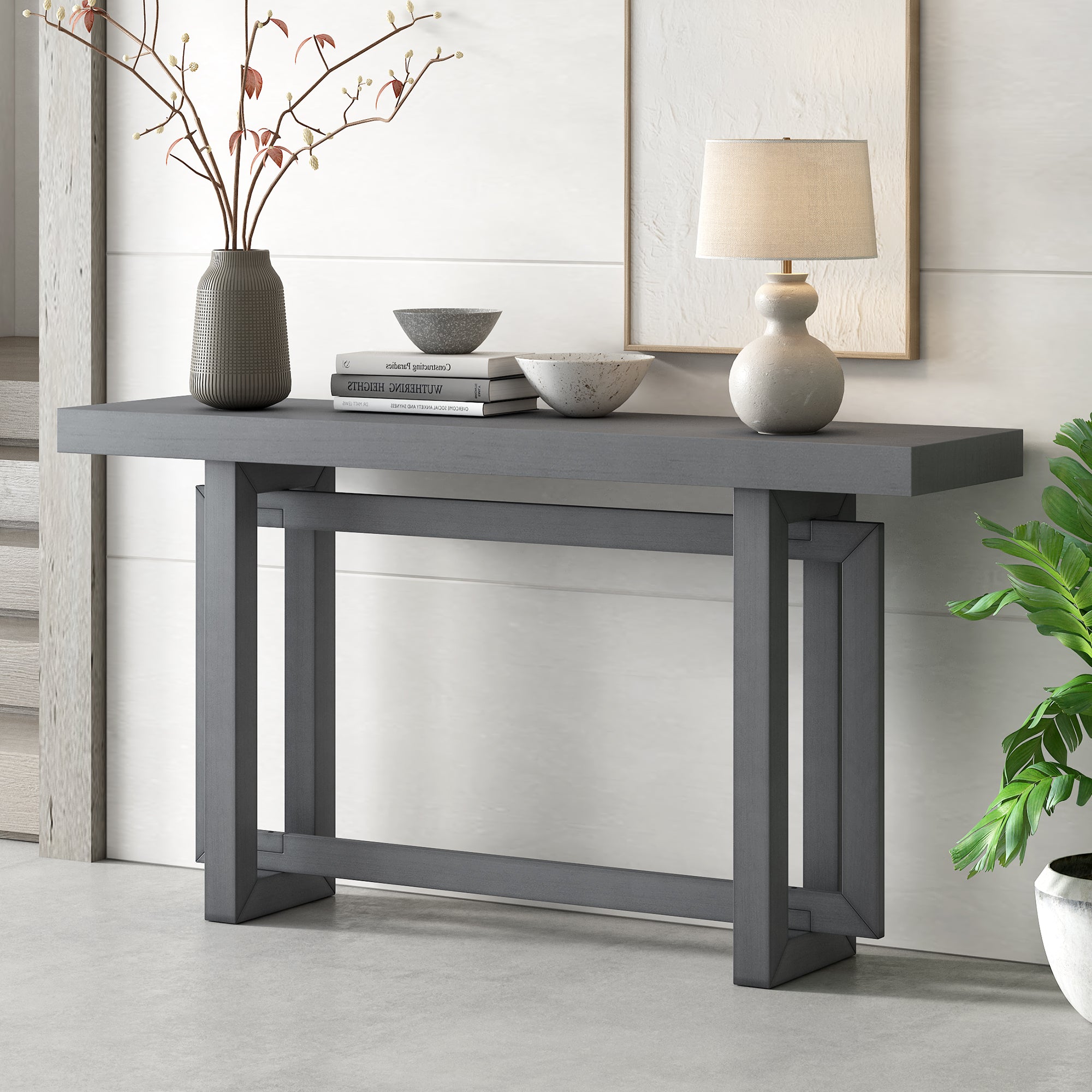 Contemporary Console Table With Wood Top, Extra Long Entryway Table For Entryway, Hallway, Living Room, Foyer, Corridor Dark Gray Solid Wood Mdf