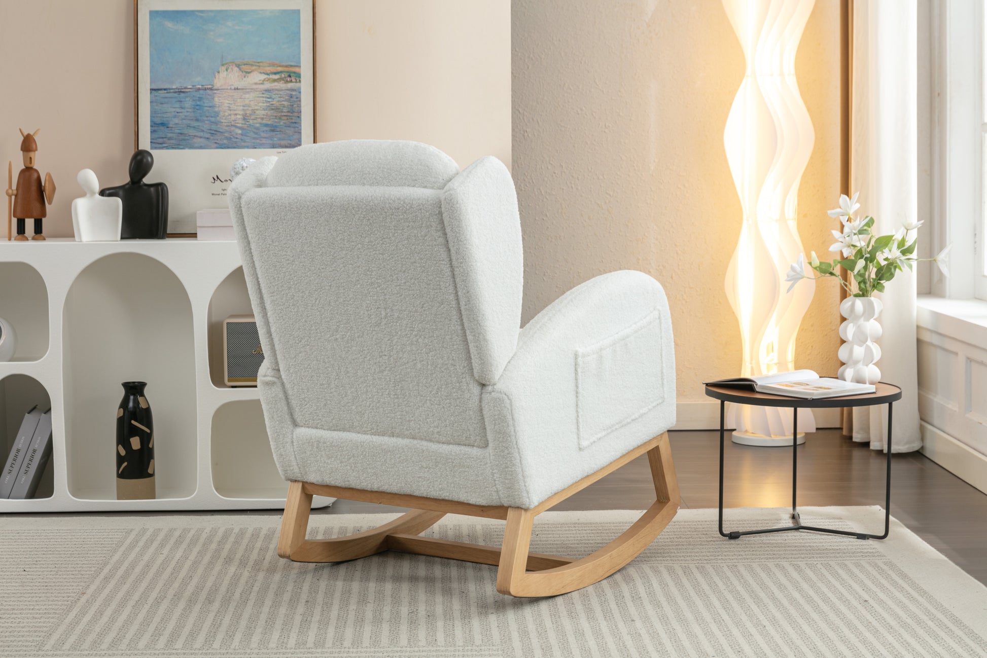 049 Teddy Fabric Rocking Chair With Packet Wood Legs,Ivory Wood Solid Ivory Primary Living Space Foam Wipe Clean Modern Rocking Chairs Eucalyptus Tufted Back Foam Teddy