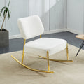 Teddy Suede Material Cushioned Rocking Chair, Unique Rocking Chair, Cushioned Seat, White Rocking Chair With Backrest And Golden Metal Legs. Comfortable Side Chairs In Living Room, Bedroom, Office White Velvet