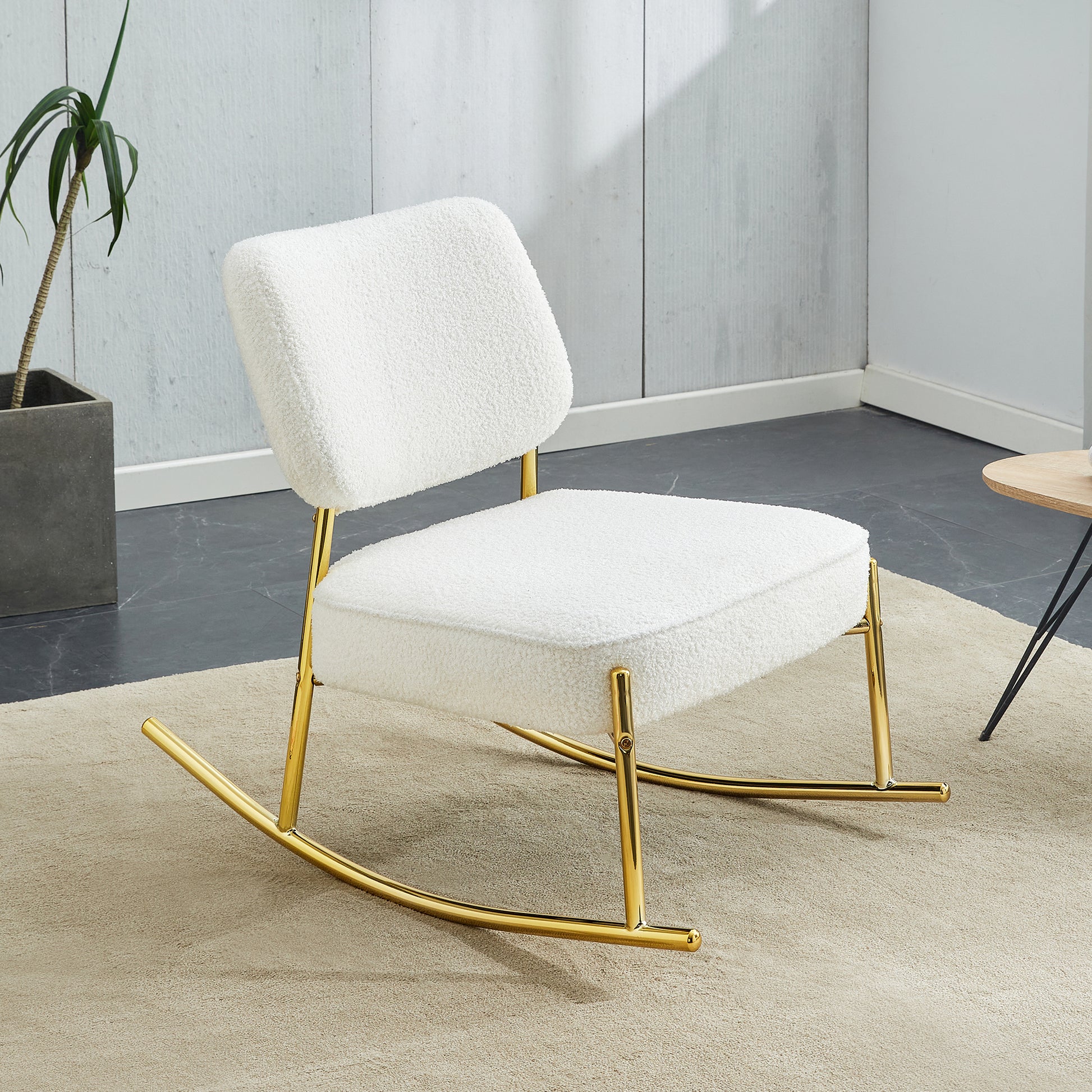 Teddy Suede Material Cushioned Rocking Chair, Unique Rocking Chair, Cushioned Seat, White Rocking Chair With Backrest And Golden Metal Legs. Comfortable Side Chairs In Living Room, Bedroom, Office White Velvet