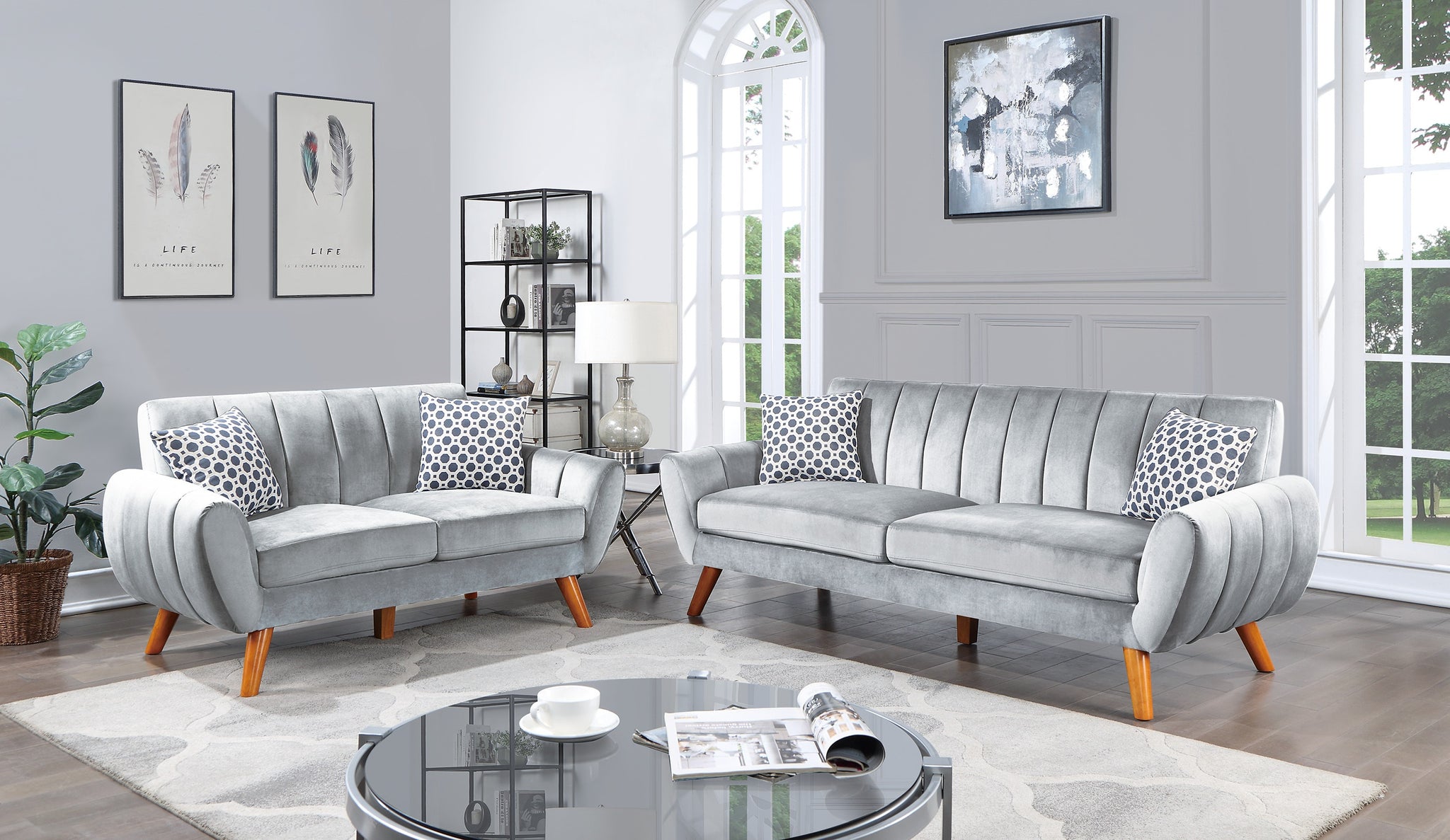 Contemporary Pcs Sofa Set Living Room Furniture Light Gray Velvet Co