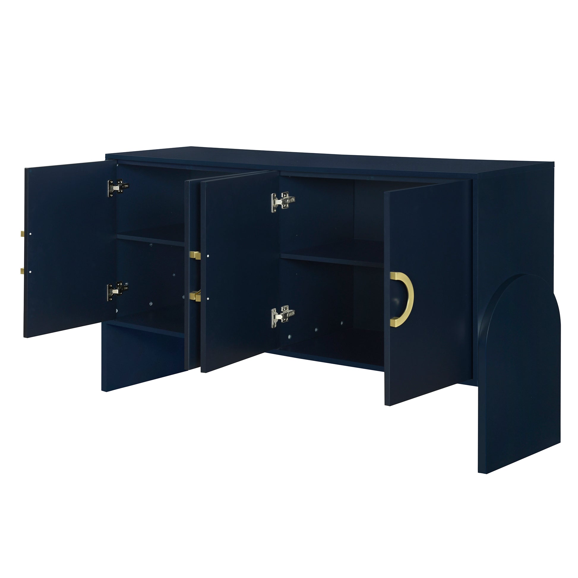 Four Door Metal Handle Storage Cabinet, Suitable For Study, Living Room,Adjustable Shelf Navy Blue Solid Wood Mdf