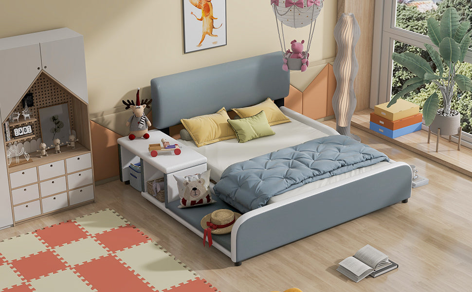 Full Size Upholstered Platform Bed With Storage Nightstand And Guardrail, Gray Box Spring Not Required Full Gray Wood Bedroom Upholstered