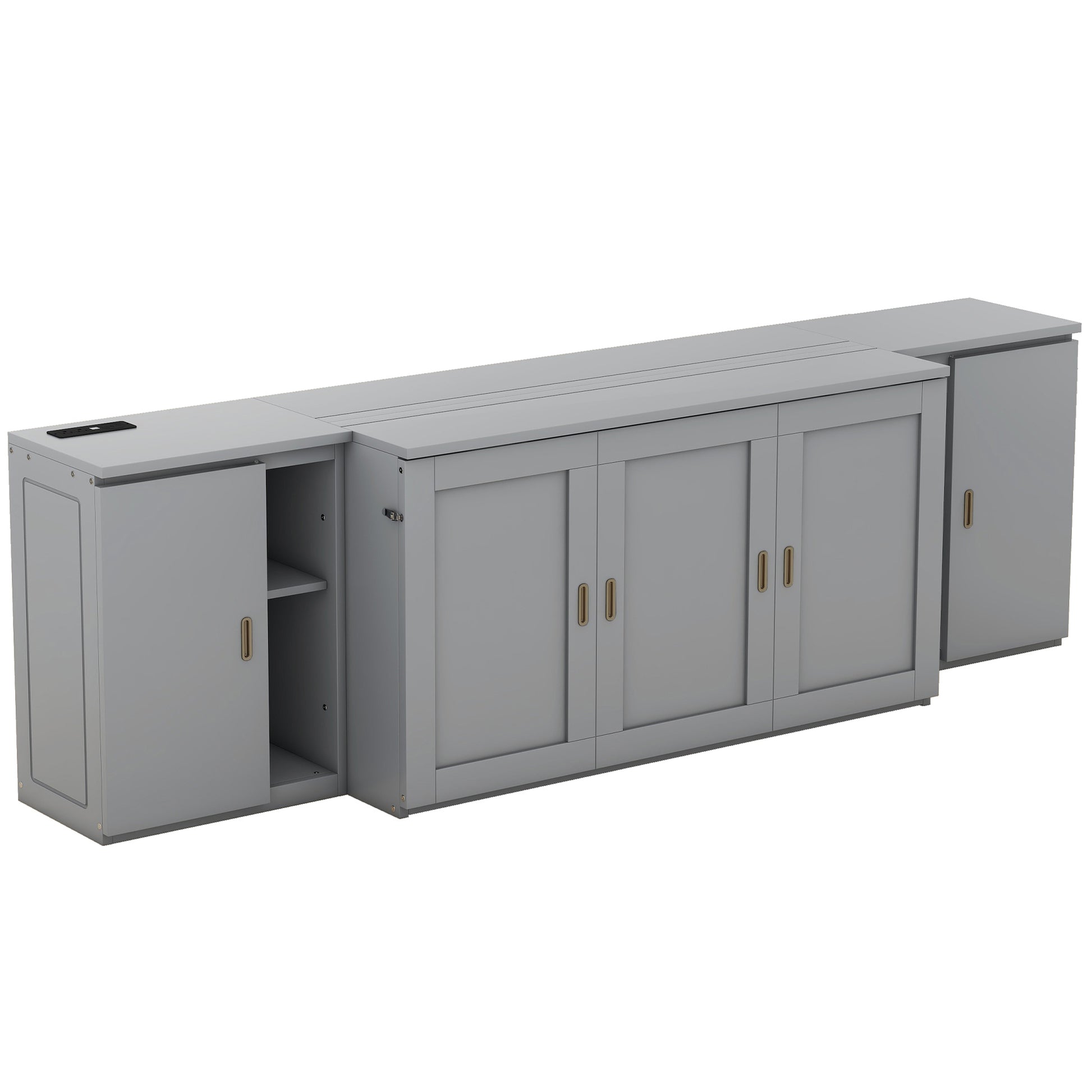 Queen Size Murphy Bed With Shelves, Cabinets And Usb Ports,Gray Queen Gray Mdf Lvl