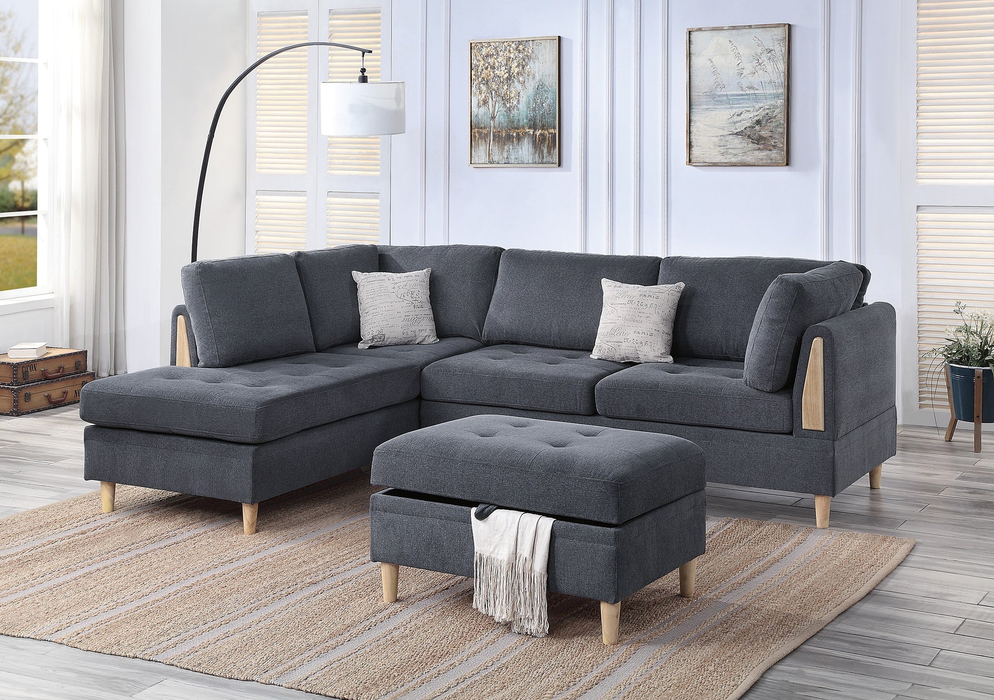 3 Pcs Reversible Sectional Set Living Room Furniture Charcoal Color Chenille Couch Sofa, Reversible Chaise Ottoman Charcoal Primary Living Space Contemporary,Modern,Transitional L Shaped Rubberwood Chenille 4 Seat