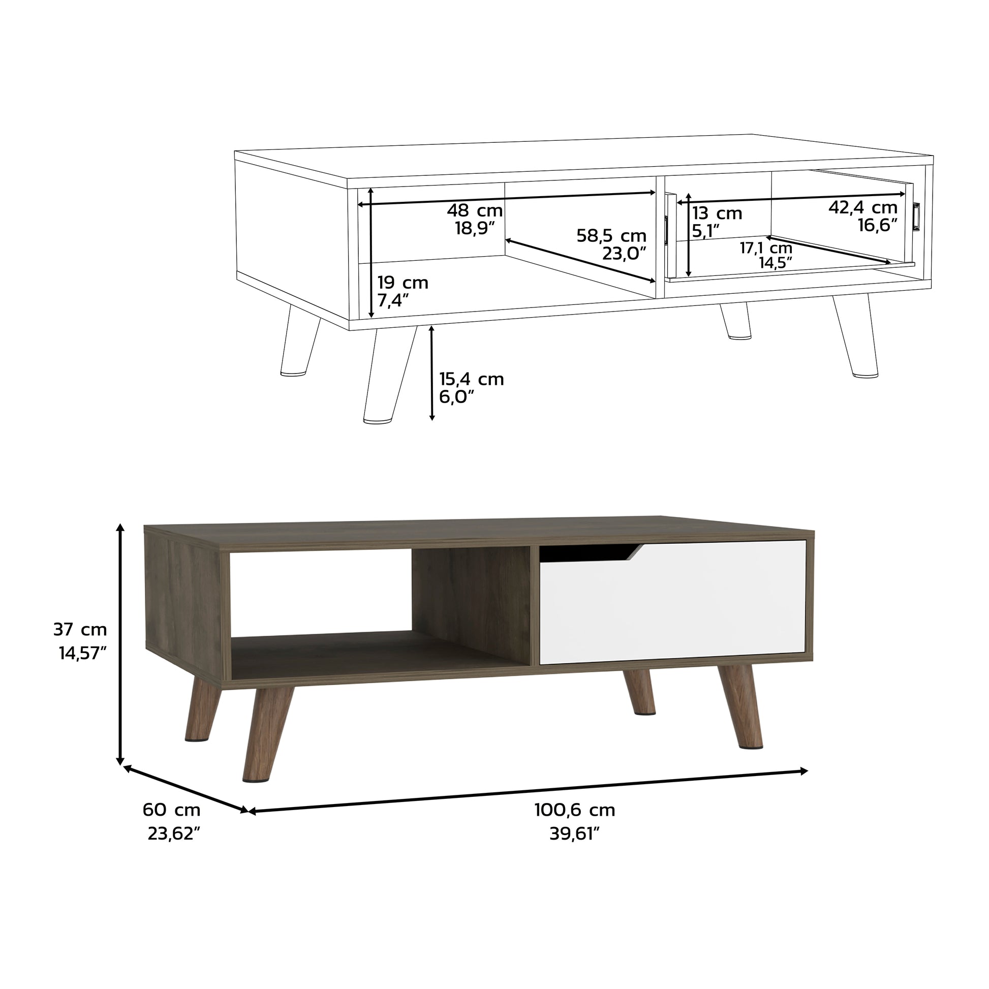 15" H Rectangular Dark Brown White Coffee Table, 4 Metal Legs, 1 Vertical Divider For Designer Books, And 1 Drawer For Storing Small Things. Multicolor Particle Board Particle Board