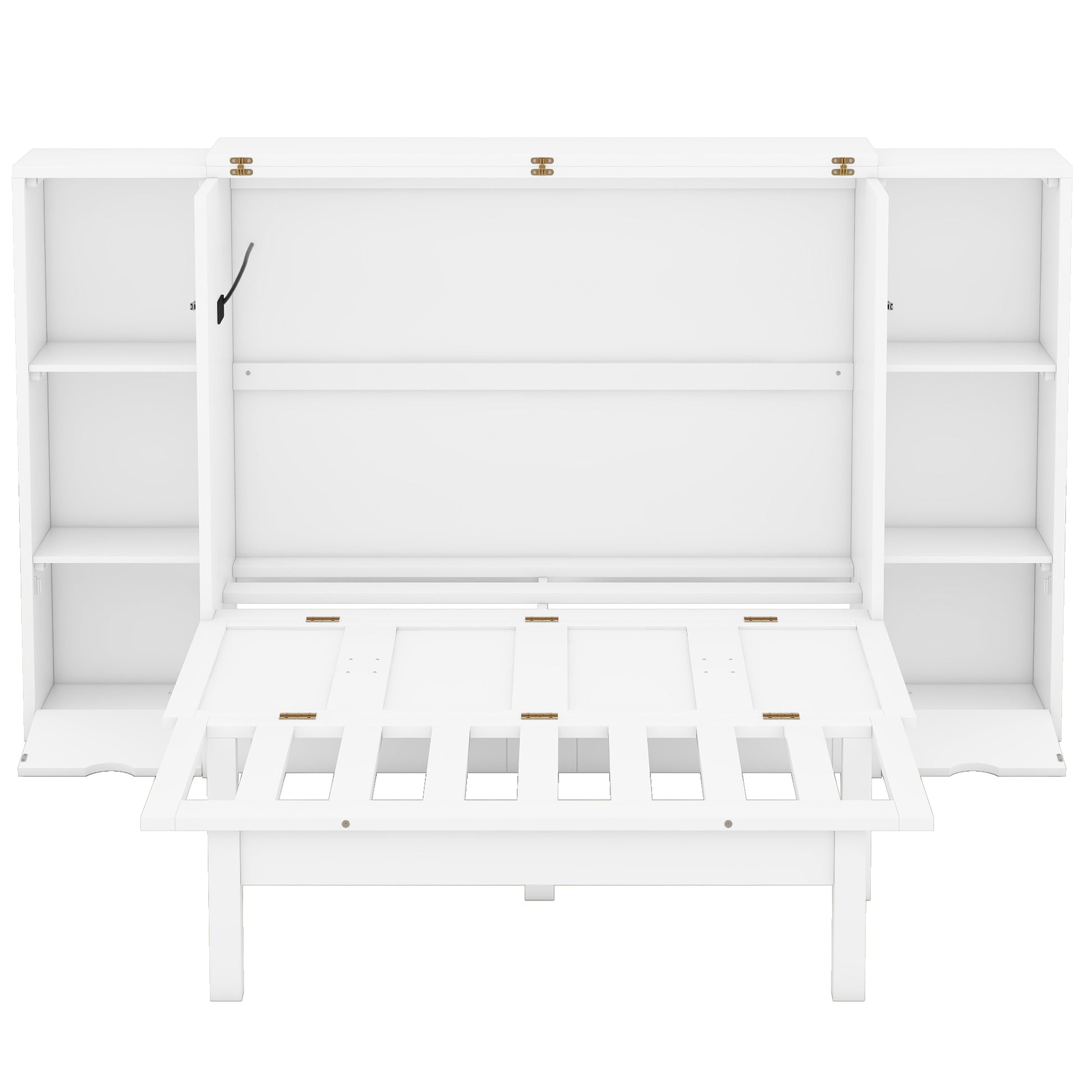 Queen Size Murphy Bed With Shelves, Drawers And Usb Ports,White White Mdf Lvl
