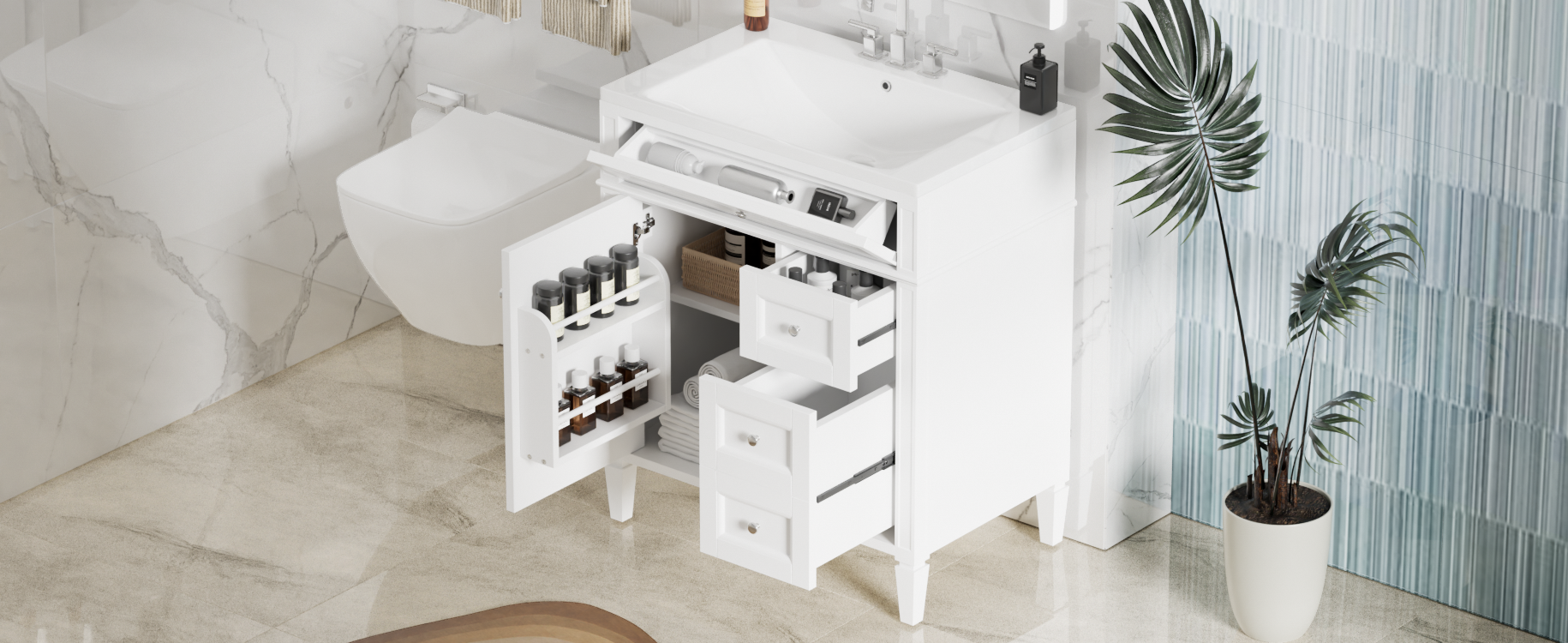 30'' Bathroom Vanity With Top Sink, Modern Bathroom Storage Cabinet With 2 Drawers And A Tip Out Drawer, Single Sink Bathroom Vanity 3 White 1 2 Adjustable Shelves Bathroom Freestanding Solid Wood Mdf Painted