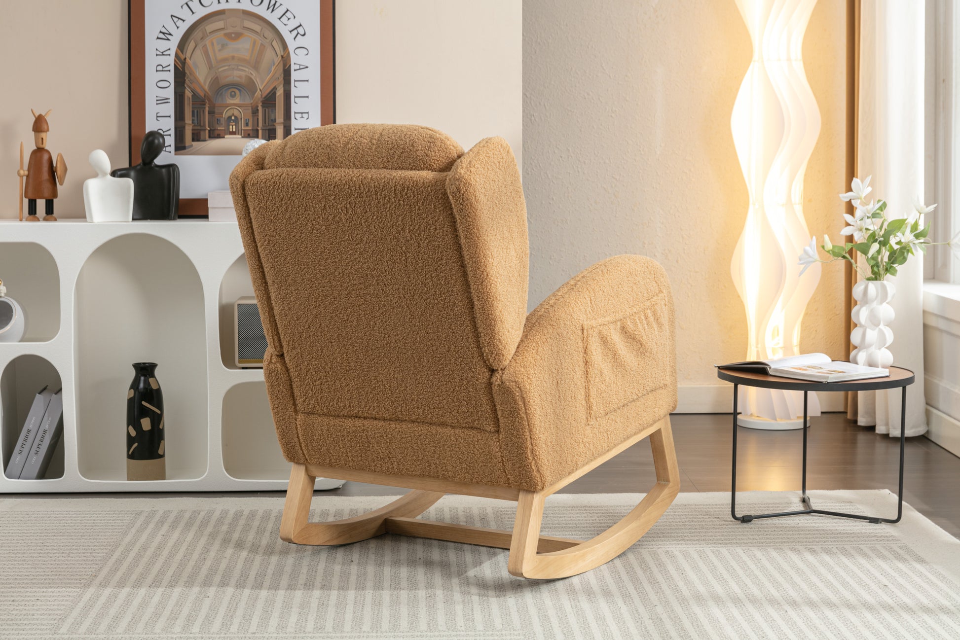 049 Teddy Fabric Rocking Chair With Packet Wood Legs,Khaki Wood Solid Khaki Primary Living Space Foam Wipe Clean Modern Rocking Chairs Eucalyptus Tufted Back Foam Teddy