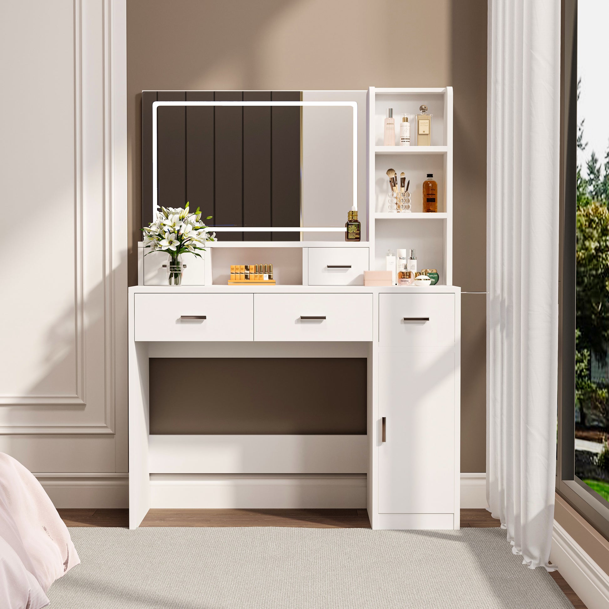 Newly Designed Smart Mirror Dressing Table With Drawers And Storage Cabinet, Dressing Table With Dressing Pad For Bedroom, Dressing Room White Mdf Glass