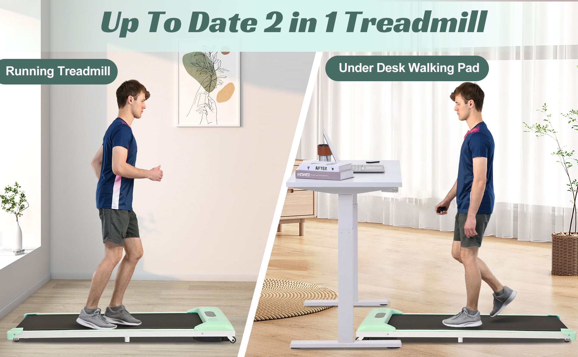 2 In 1 Under Desk Electric Treadmill 2.5Hp, Remote Control, Display, Walking Jogging Running Machine Fitness Equipment For Home Gym Office Green Metal