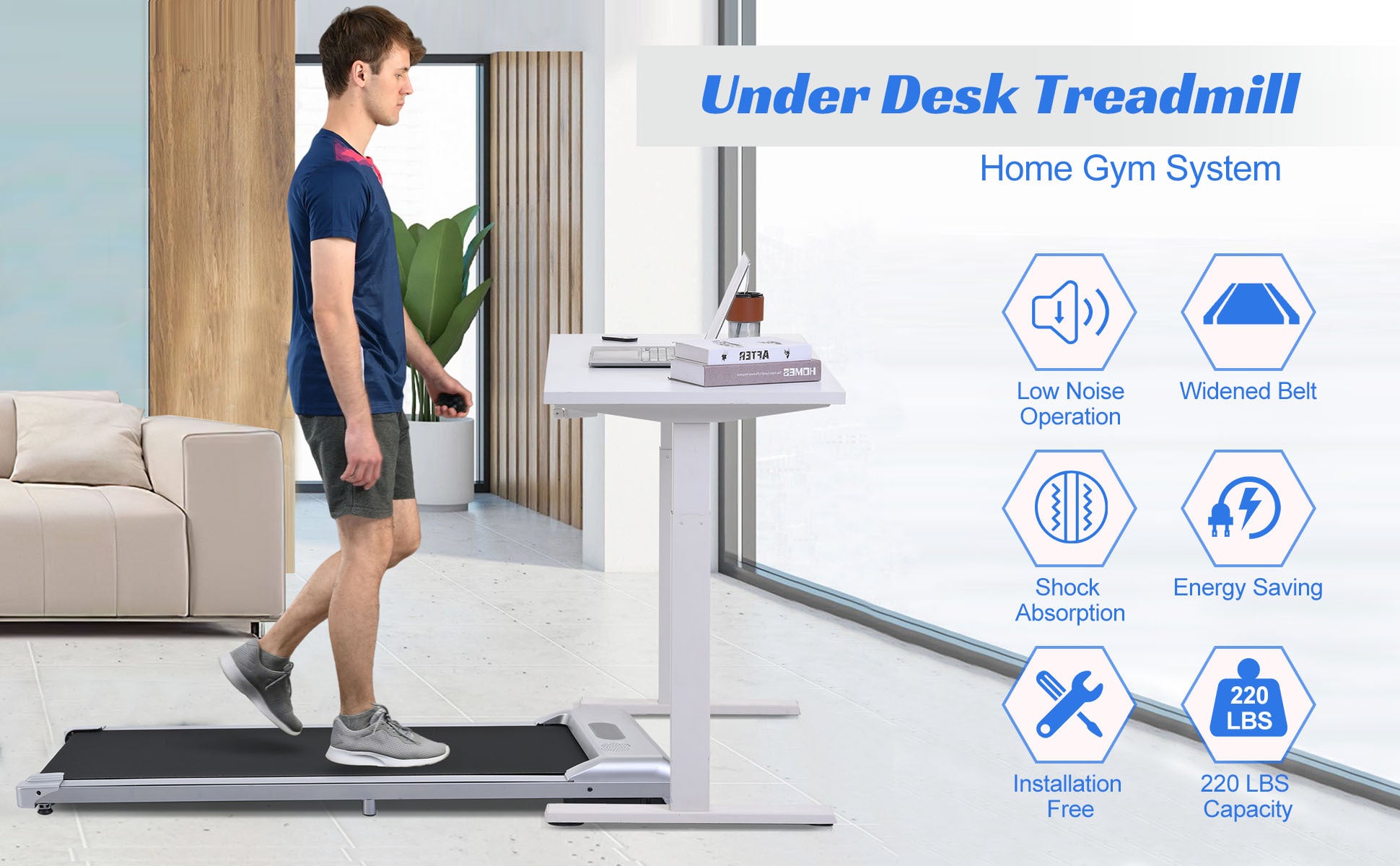 2 in 1 Under Desk Electric Treadmill 2.5HP, with silver-metal
