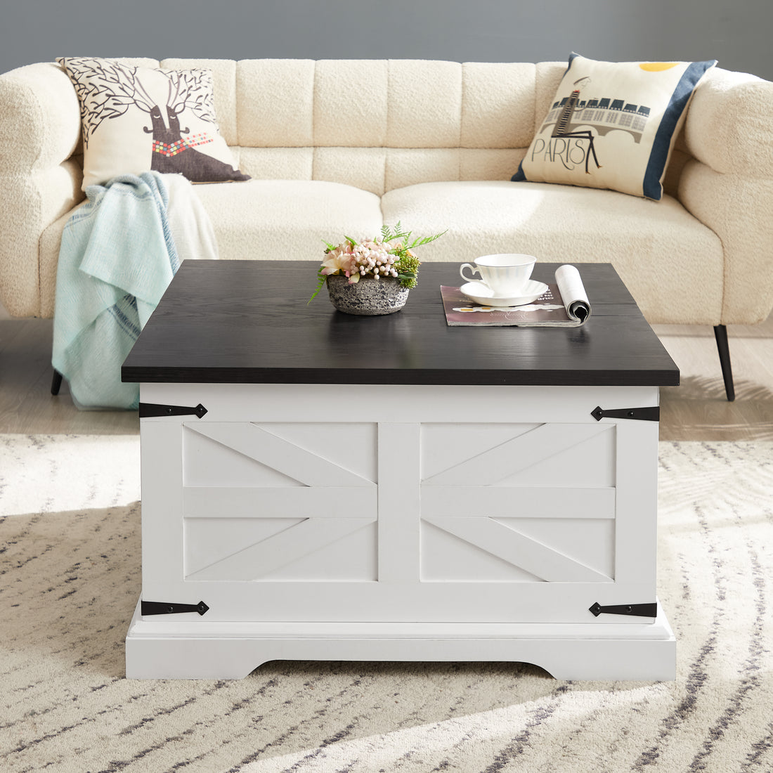 Farmhouse Coffee Table, Square Wood Center Table With Large Hidden Storage Compartment For Living Room, Barn Design Center Table Rustic Cocktail Table With Hinged Lift Top For Home L31.5''*W31.5''*H18 White Square Mdf