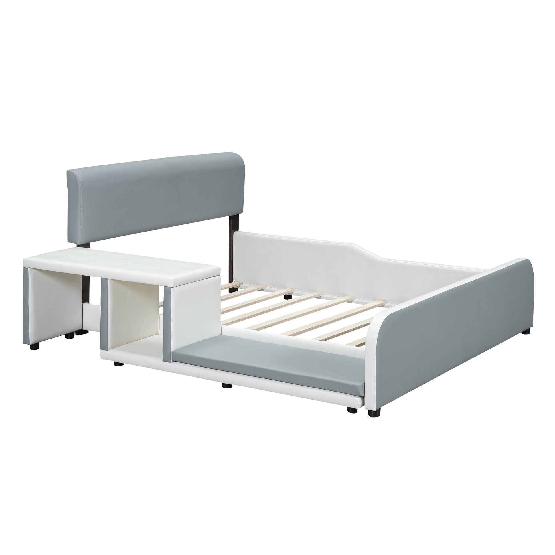 Full Size Upholstered Platform Bed With Storage Nightstand And Guardrail, Gray Box Spring Not Required Full Gray Wood Bedroom Upholstered