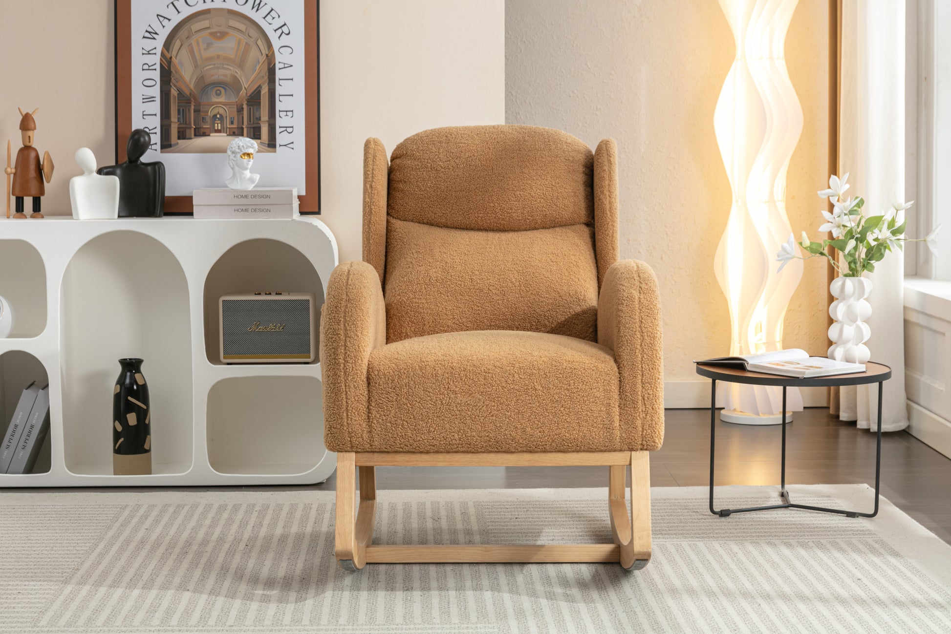 049 Teddy Fabric Rocking Chair With Packet Wood Legs,Khaki Wood Solid Khaki Primary Living Space Foam Wipe Clean Modern Rocking Chairs Eucalyptus Tufted Back Foam Teddy