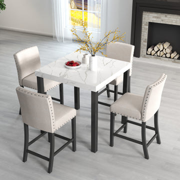 Five Piece Dining Set With Imitation Marble Tabletop, Restaurant Combination Set, Solid Wood Dining Table And 4 Chairs, Space Saving Combination Furniture For Kitchen And Dining Room. Black White Solid Wood Mdf