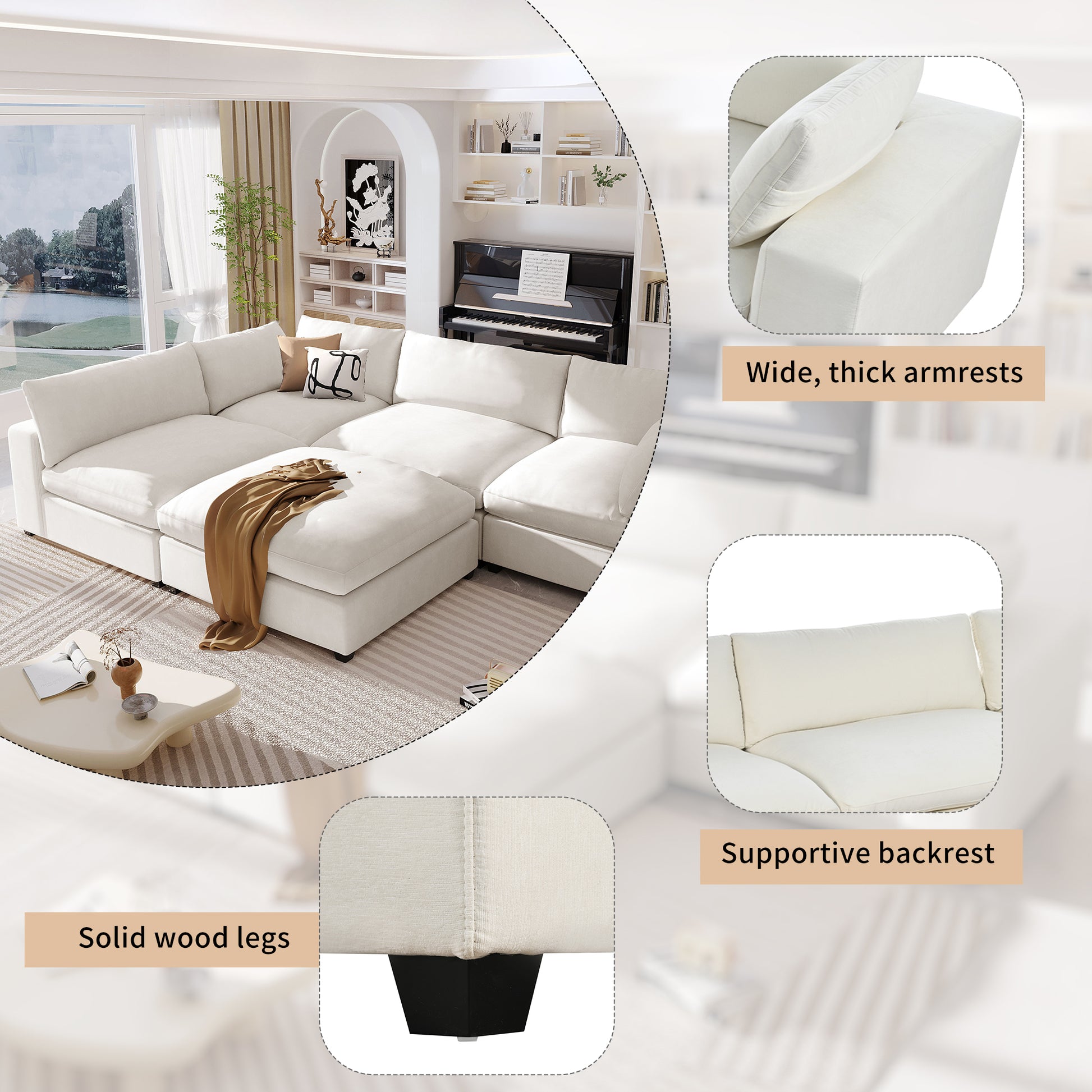 Upholstered Oversize Modular Sofa With Removable Ottoman,Sectional Sofa For Living Room Apartment 5 Seater Beige Polyester 5 Seat