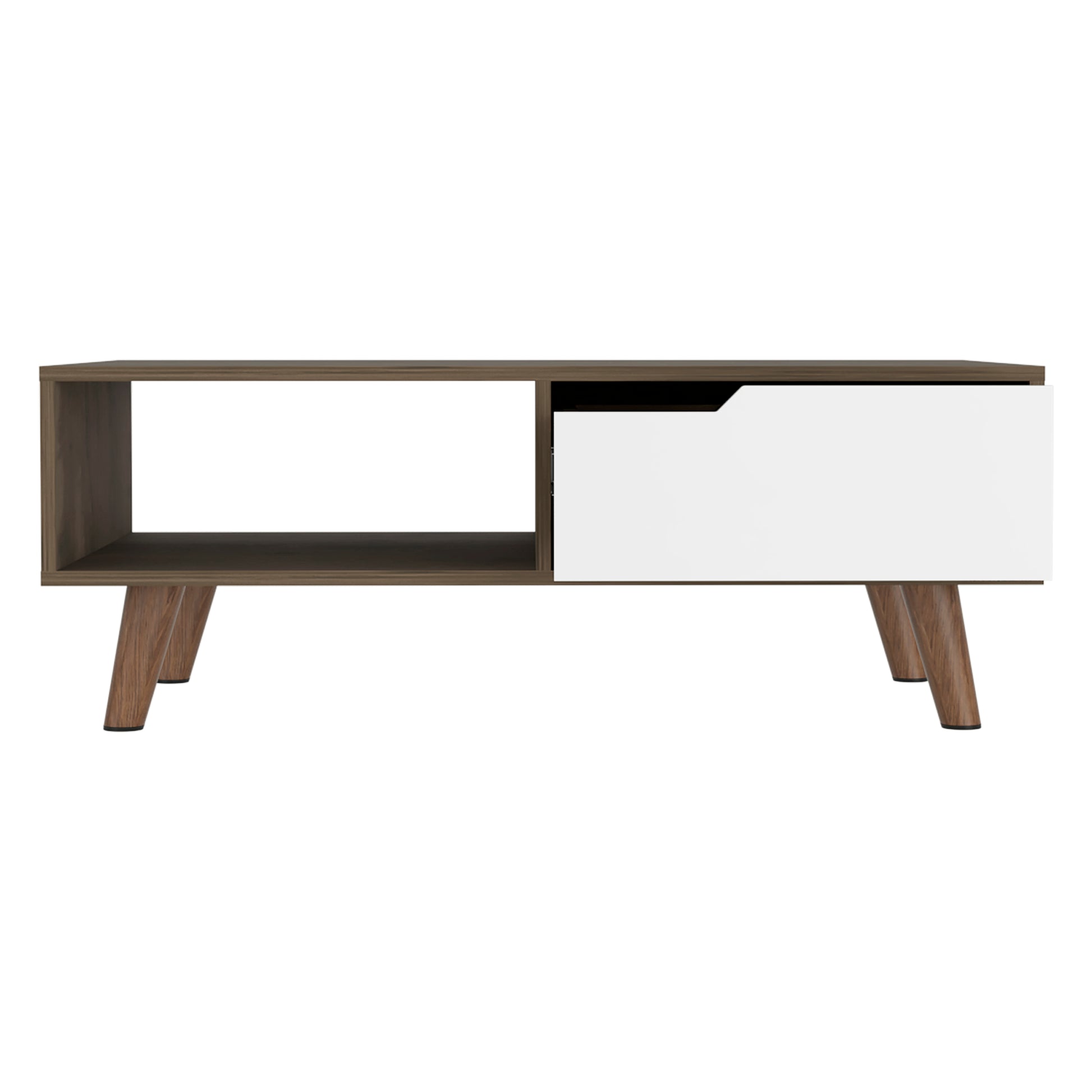 15" H Rectangular Dark Brown White Coffee Table, 4 Metal Legs, 1 Vertical Divider For Designer Books, And 1 Drawer For Storing Small Things. Multicolor Particle Board Particle Board